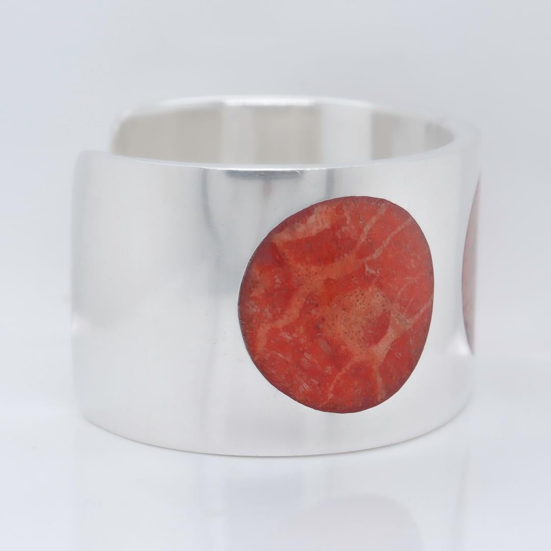 Modernist Silver & Inlaid Red Marble Polka Dot Cuff Bracelet For Sale 3