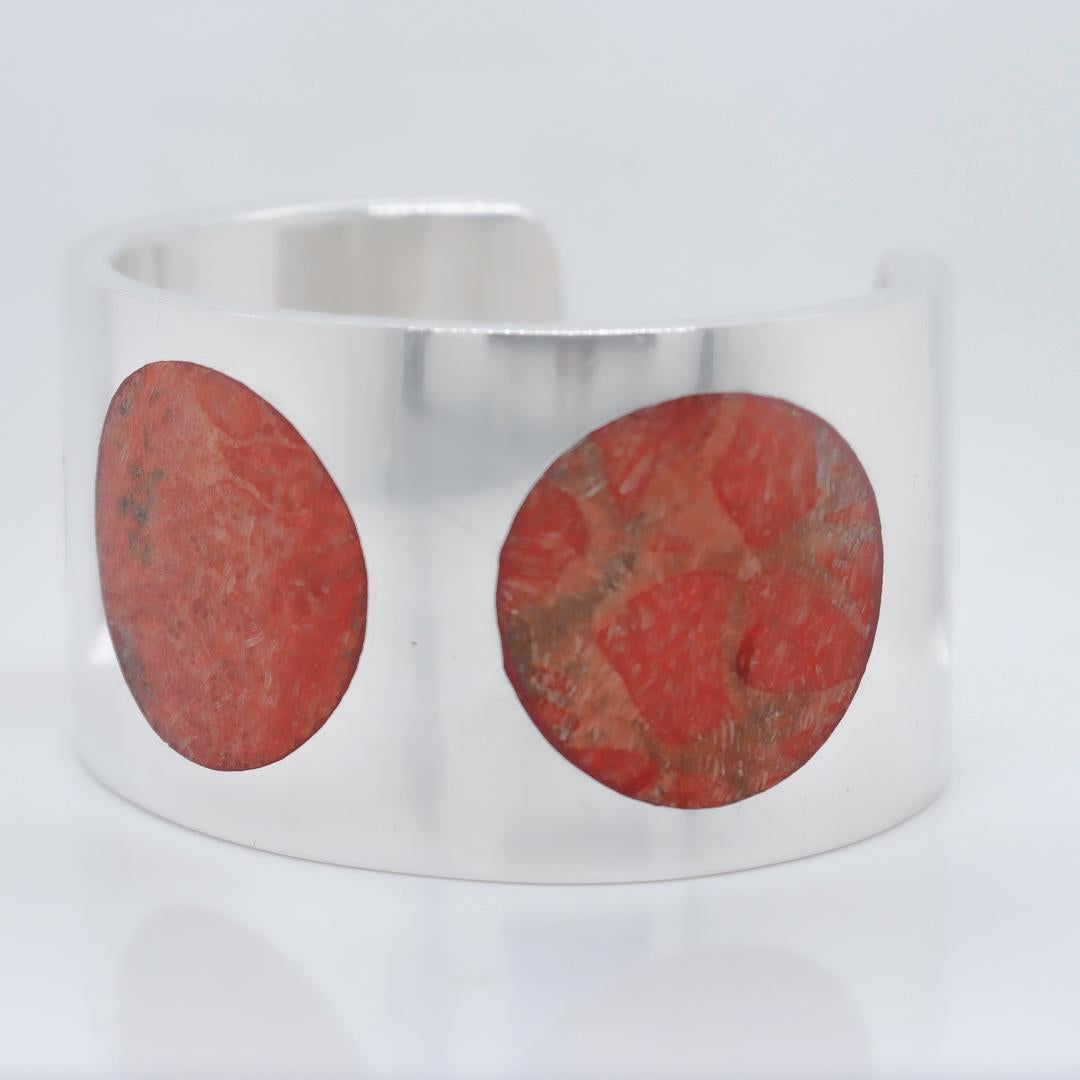Modernist Silver & Inlaid Red Marble Polka Dot Cuff Bracelet For Sale 4