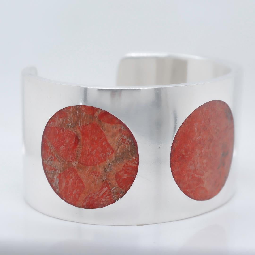 Modernist Silver & Inlaid Red Marble Polka Dot Cuff Bracelet For Sale 5
