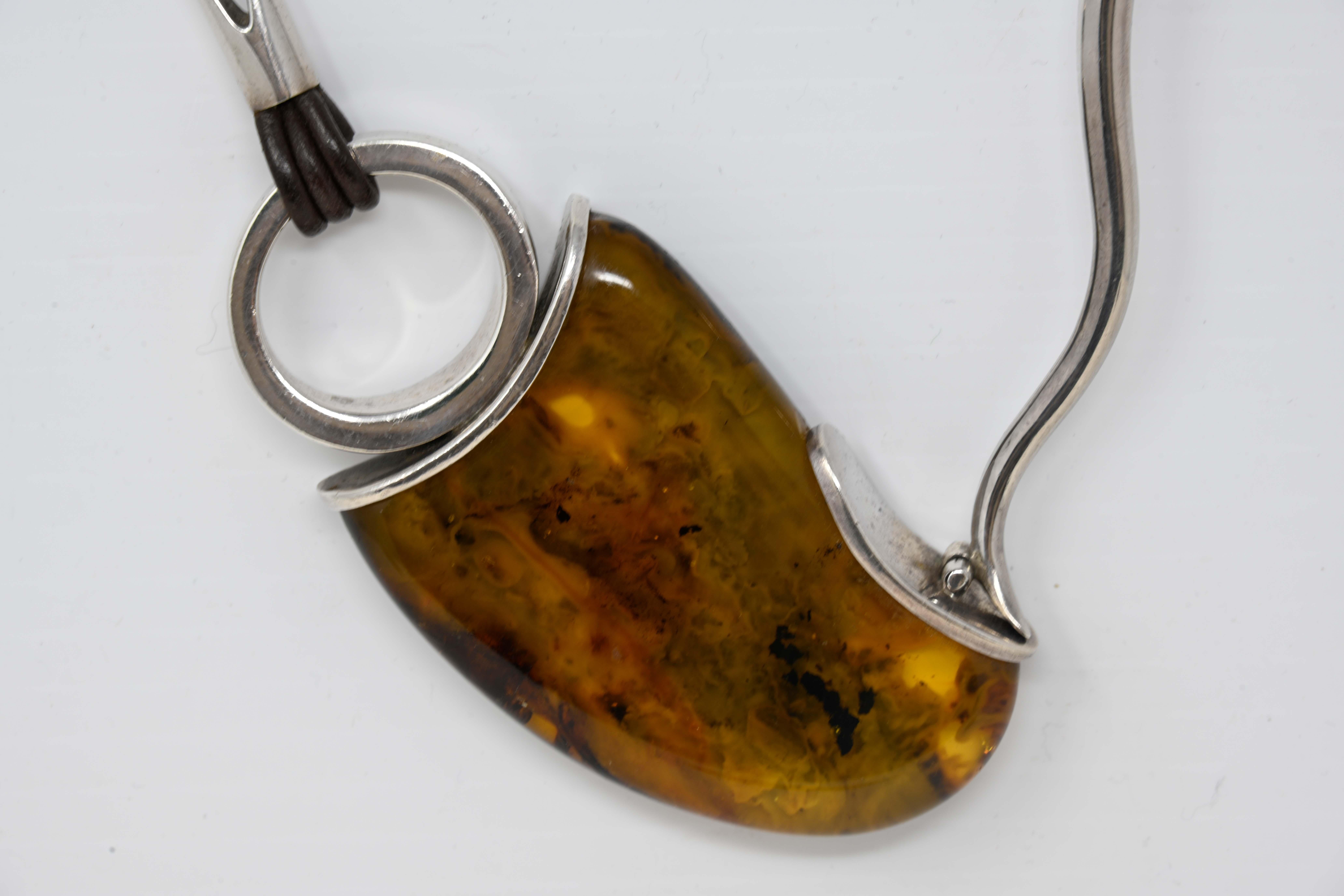 Mixed Cut Modernist Silver Necklace with Baltic Amber For Sale