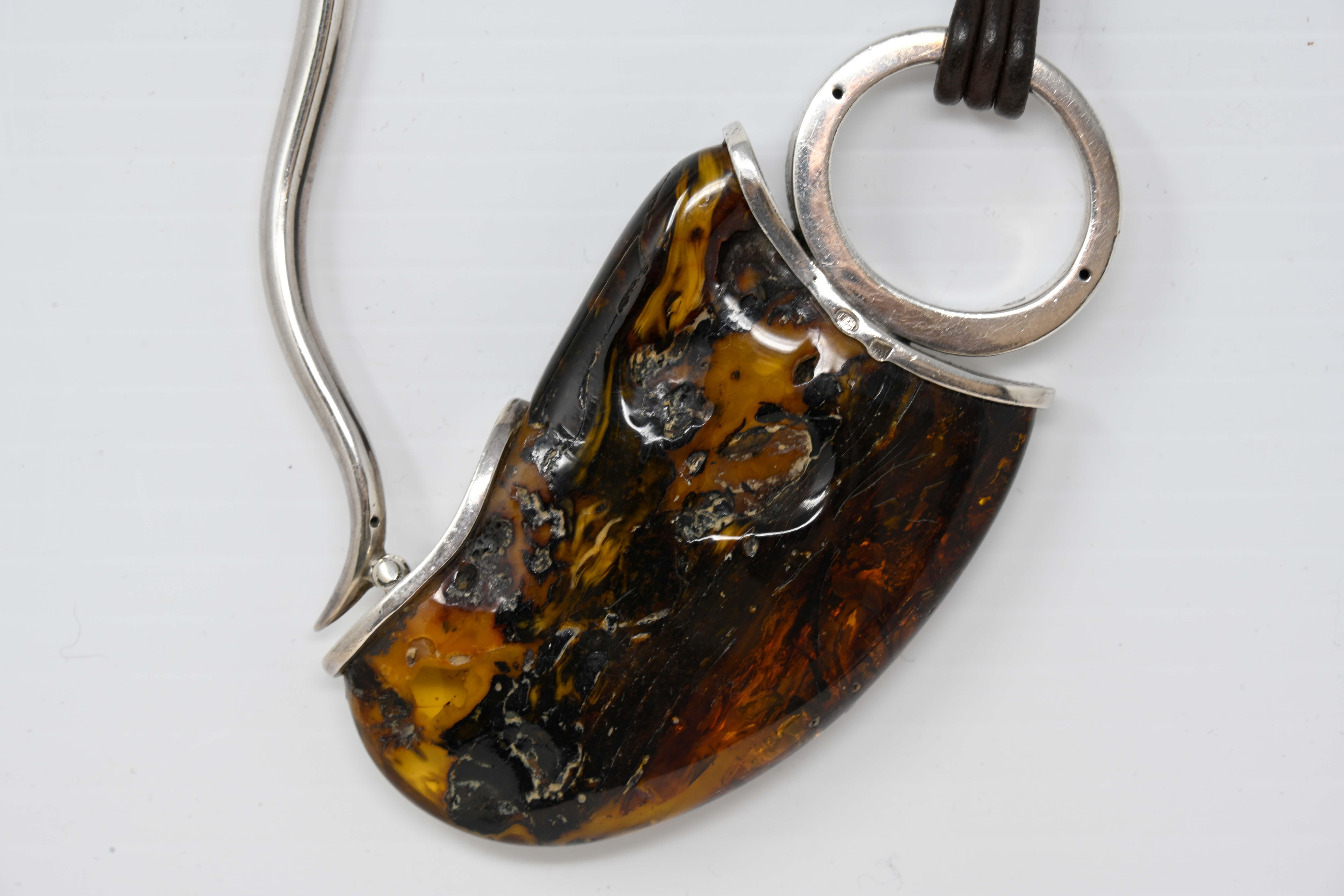 Women's Modernist Silver Necklace with Baltic Amber For Sale