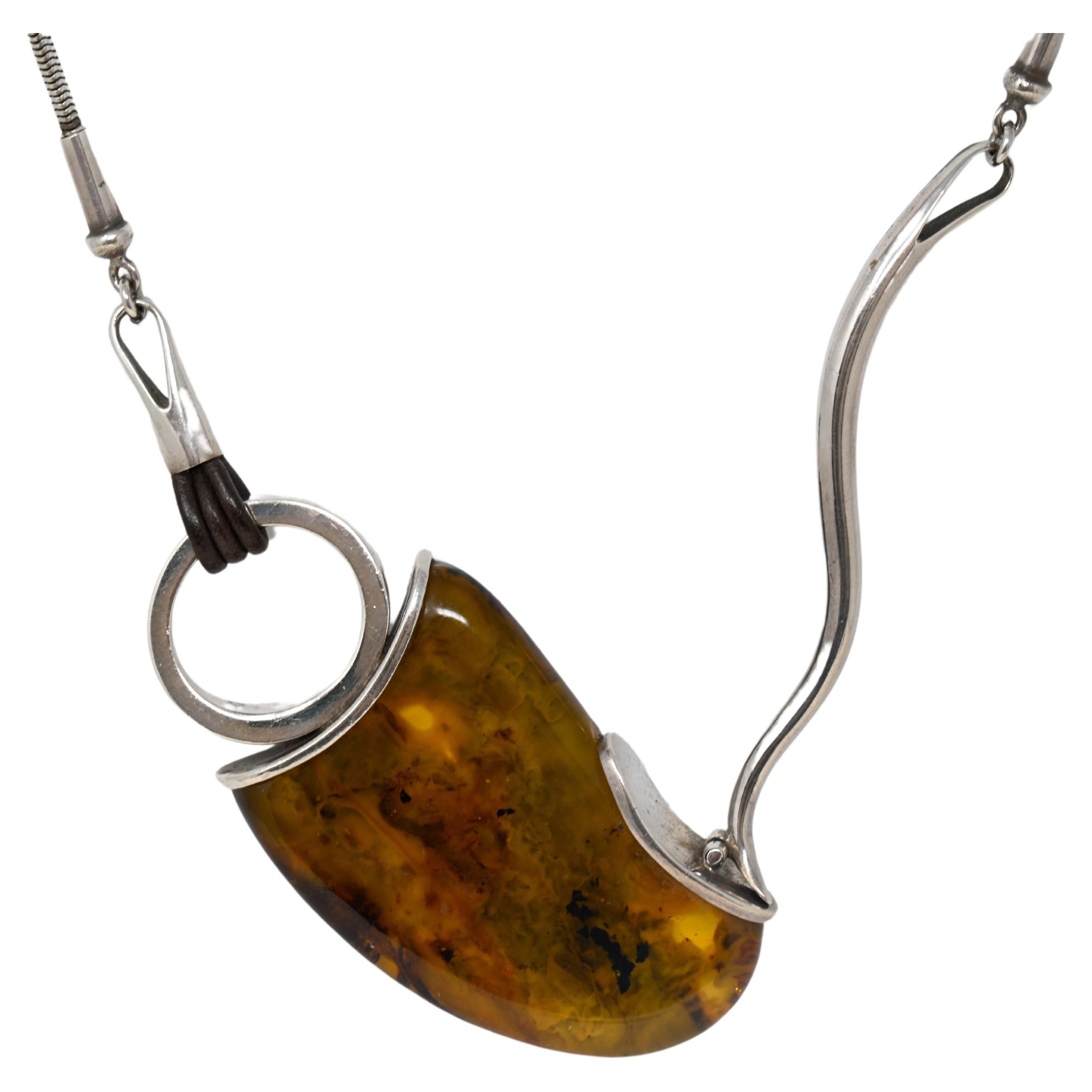 Modernist Silver Necklace with Baltic Amber For Sale