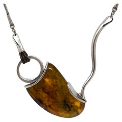 Used Modernist Silver Necklace with Baltic Amber