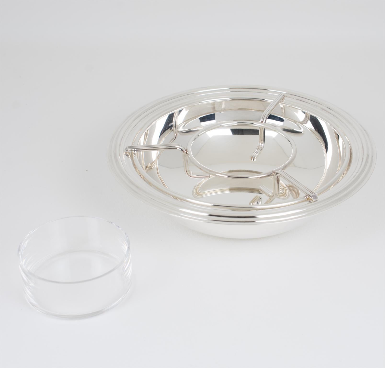 Italian Modernist Silver Plate and Crystal Caviar Bowl Serving Dish, circa 1970