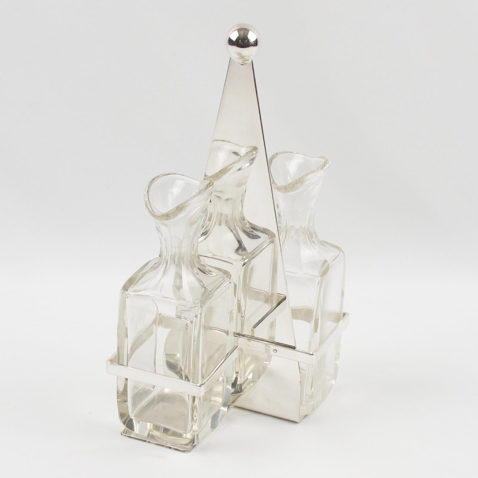 Servidor de vinagreras modernista de plata y cristal, hacia 1930 Art Decó en venta