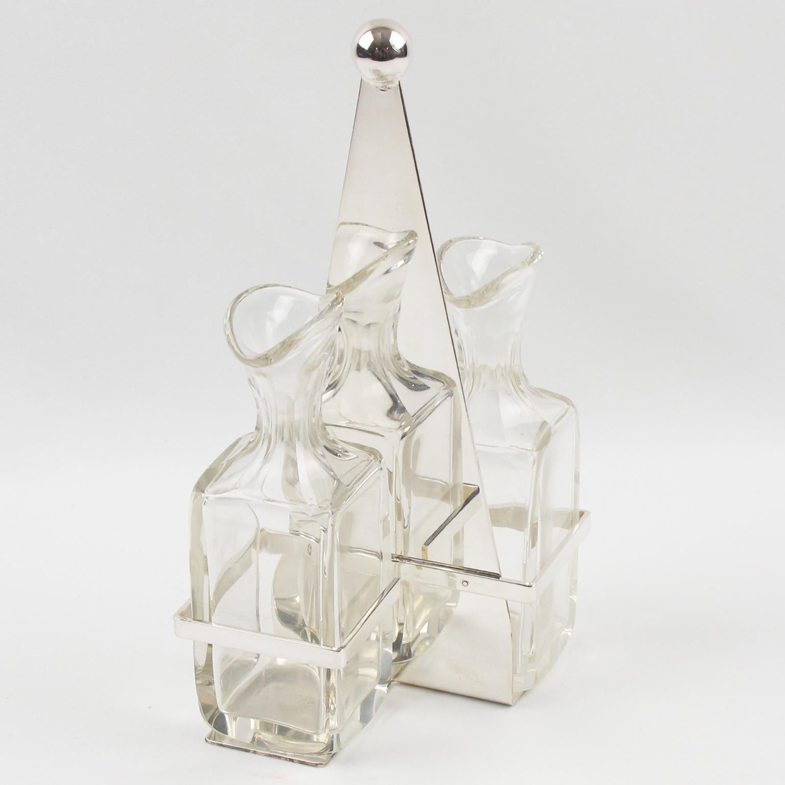 Servidor de vinagreras modernista de plata y cristal, hacia 1930 en Bueno estado para la venta en Atlanta, GA