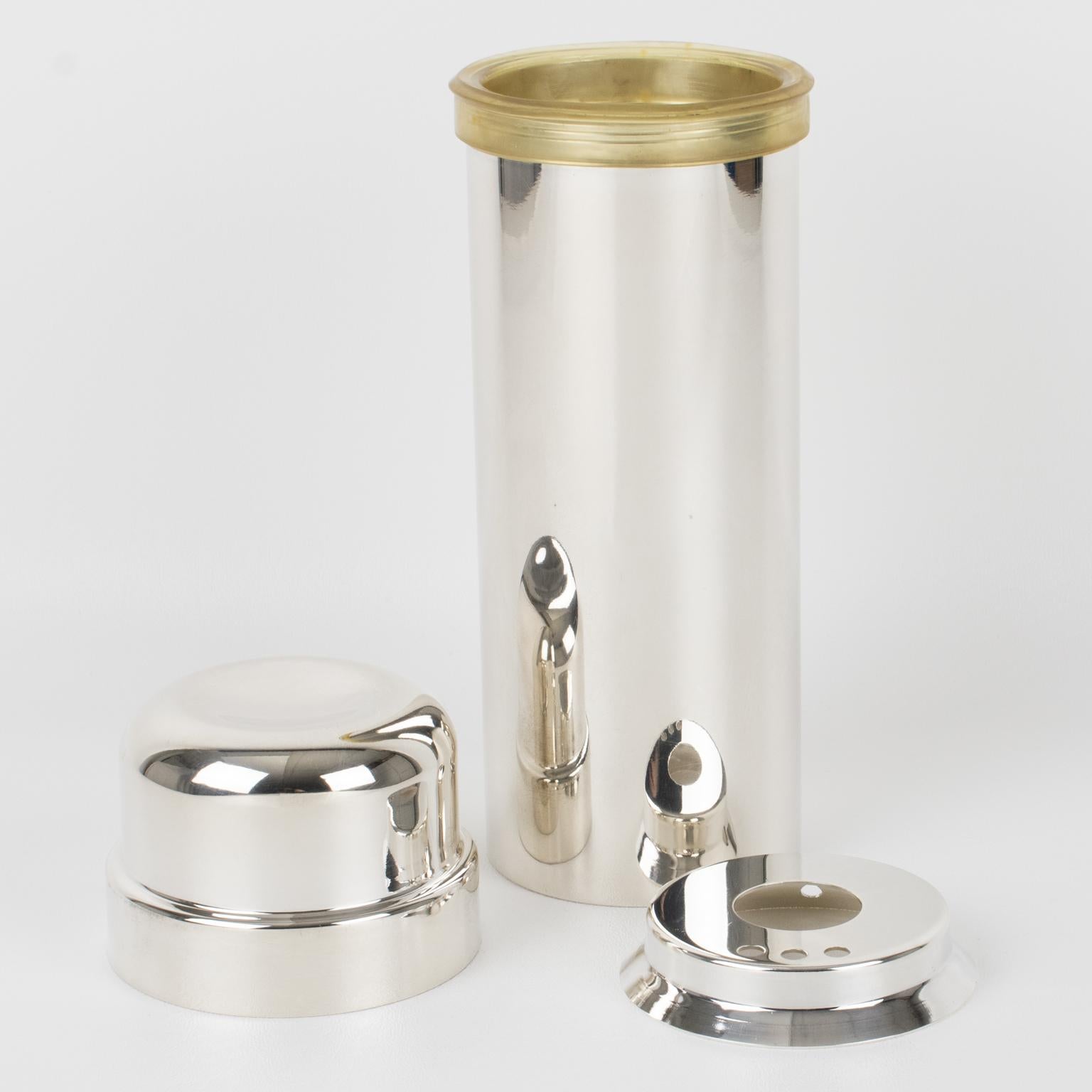 Modernist silver plate cylindrical cocktail or Martini shaker designed by PM, Italy. Two-sectioned designed cocktail shaker with removable cap and internal strainer. The piece boasts a lovely minimalist tumbler shape. The marking underside reads 