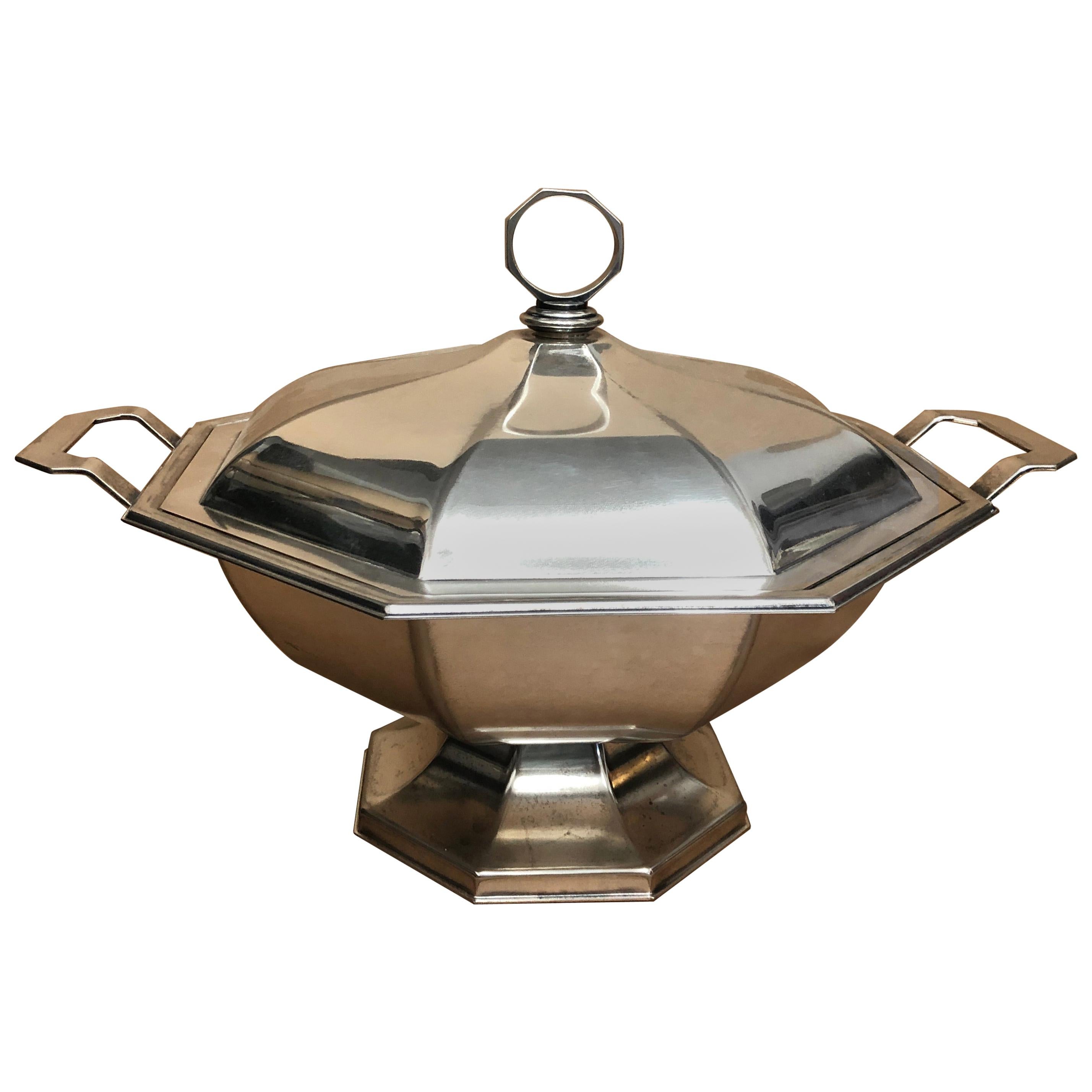 Modernist Silver Plated Octagonal Italian Soup Tureen, circa 1970