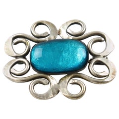 Modernist Silvered Metal Pin Brooch with Electric Blue Glass Cabochon