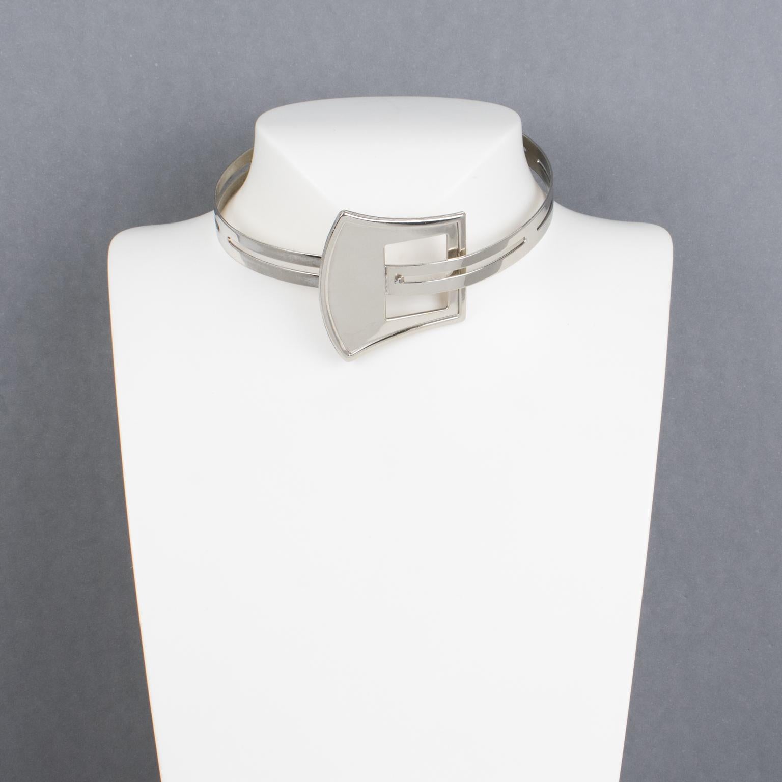 Modernist Silvered Metal Rigid Collar Necklace with Belt Buckle Design In Good Condition For Sale In Atlanta, GA