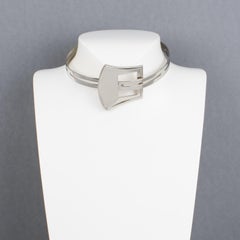 Modernist Silvered Metal Rigid Collar Necklace with Belt Buckle Design