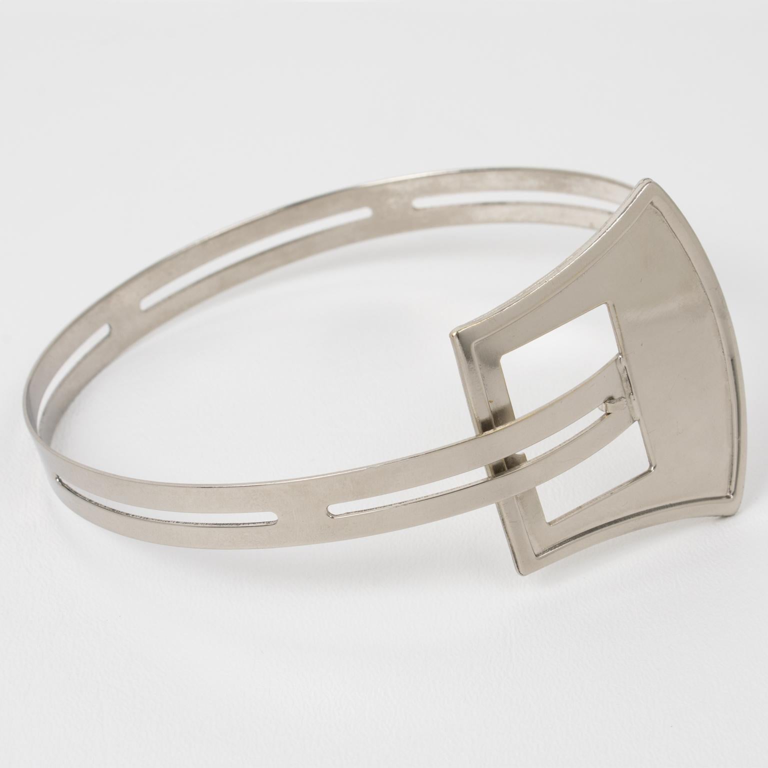 Women's Modernist Silvered Metal Rigid Collar Necklace with Belt Buckle Design For Sale