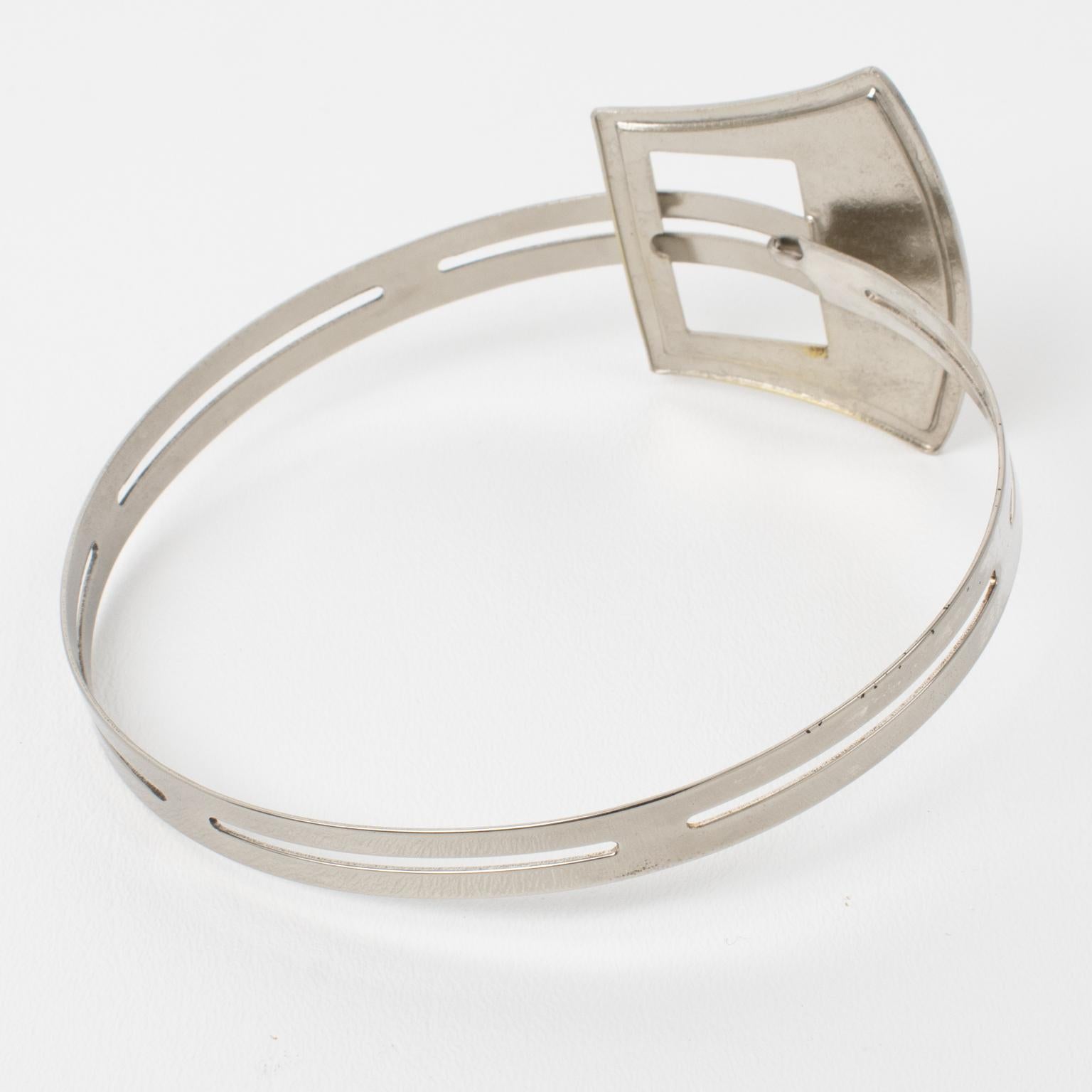 Modernist Silvered Metal Rigid Collar Necklace with Belt Buckle Design For Sale 1