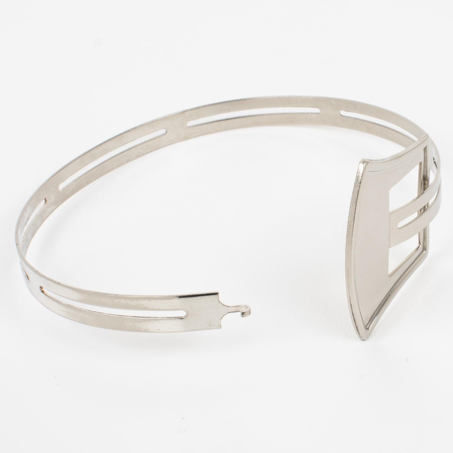 Modernist Silvered Metal Rigid Collar Necklace with Belt Buckle Design For Sale 2