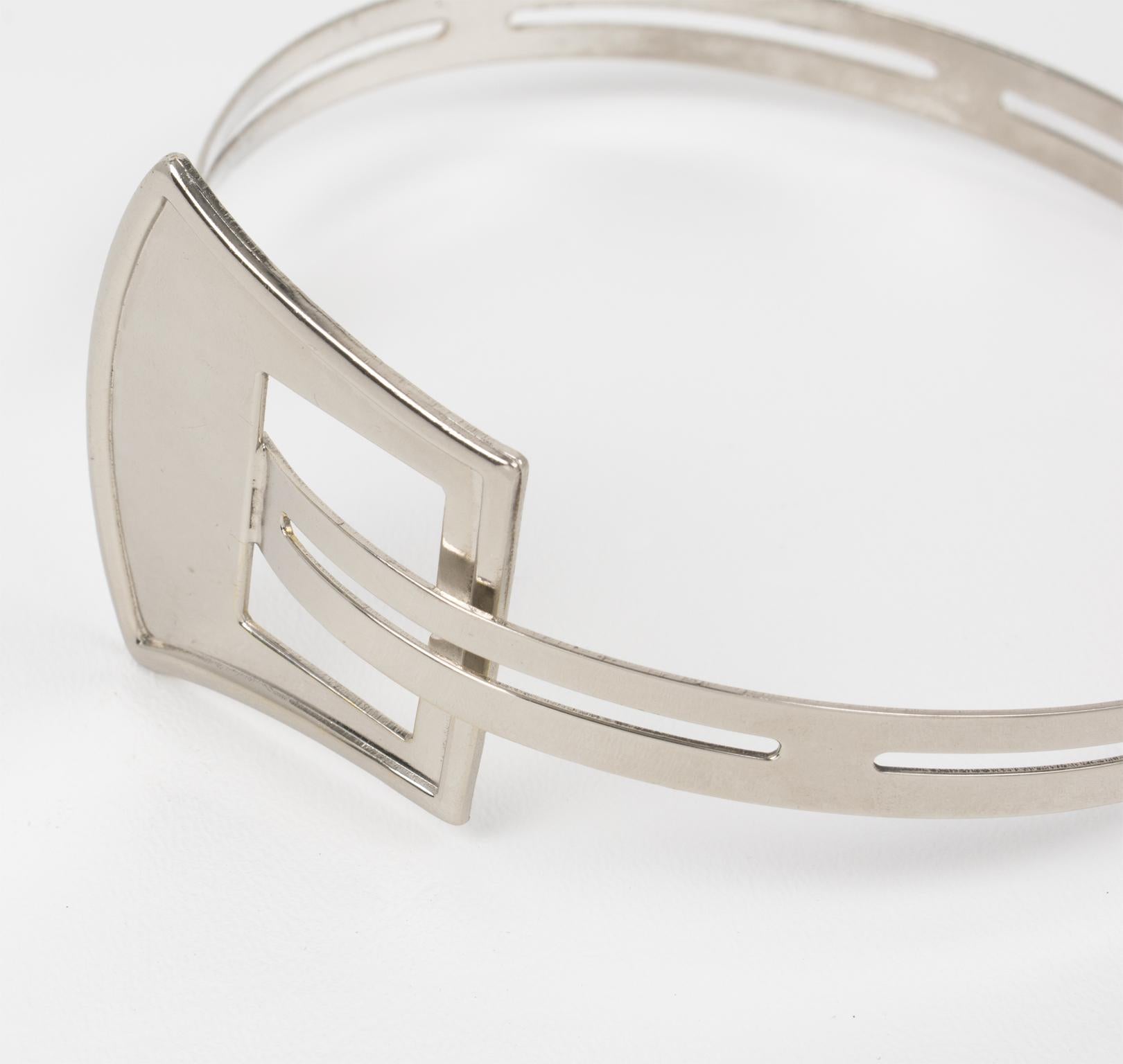 Modernist Silvered Metal Rigid Collar Necklace with Belt Buckle Design For Sale 3