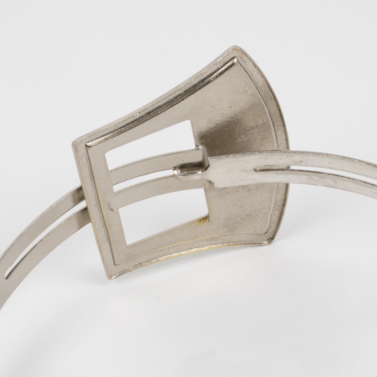 Modernist Silvered Metal Rigid Collar Necklace with Belt Buckle Design For Sale 4