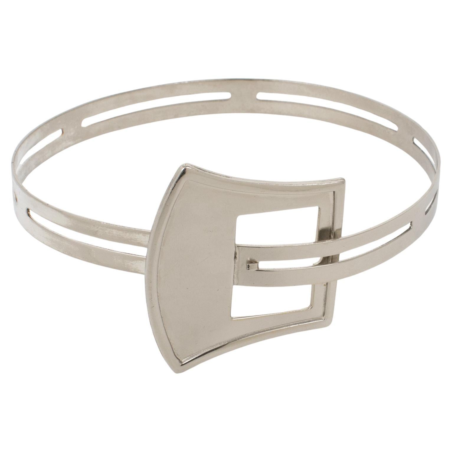 Modernist Silvered Metal Rigid Collar Necklace with Belt Buckle Design