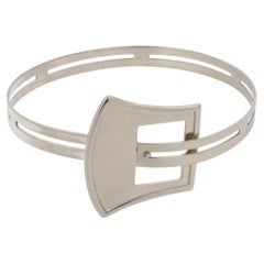 Modernist Silvered Metal Rigid Collar Necklace with Belt Buckle Design