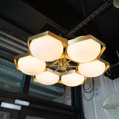 Modernist Six-Arm Brass and Hand Blown Murano "Honeycomb" Flush Mount Chandelier