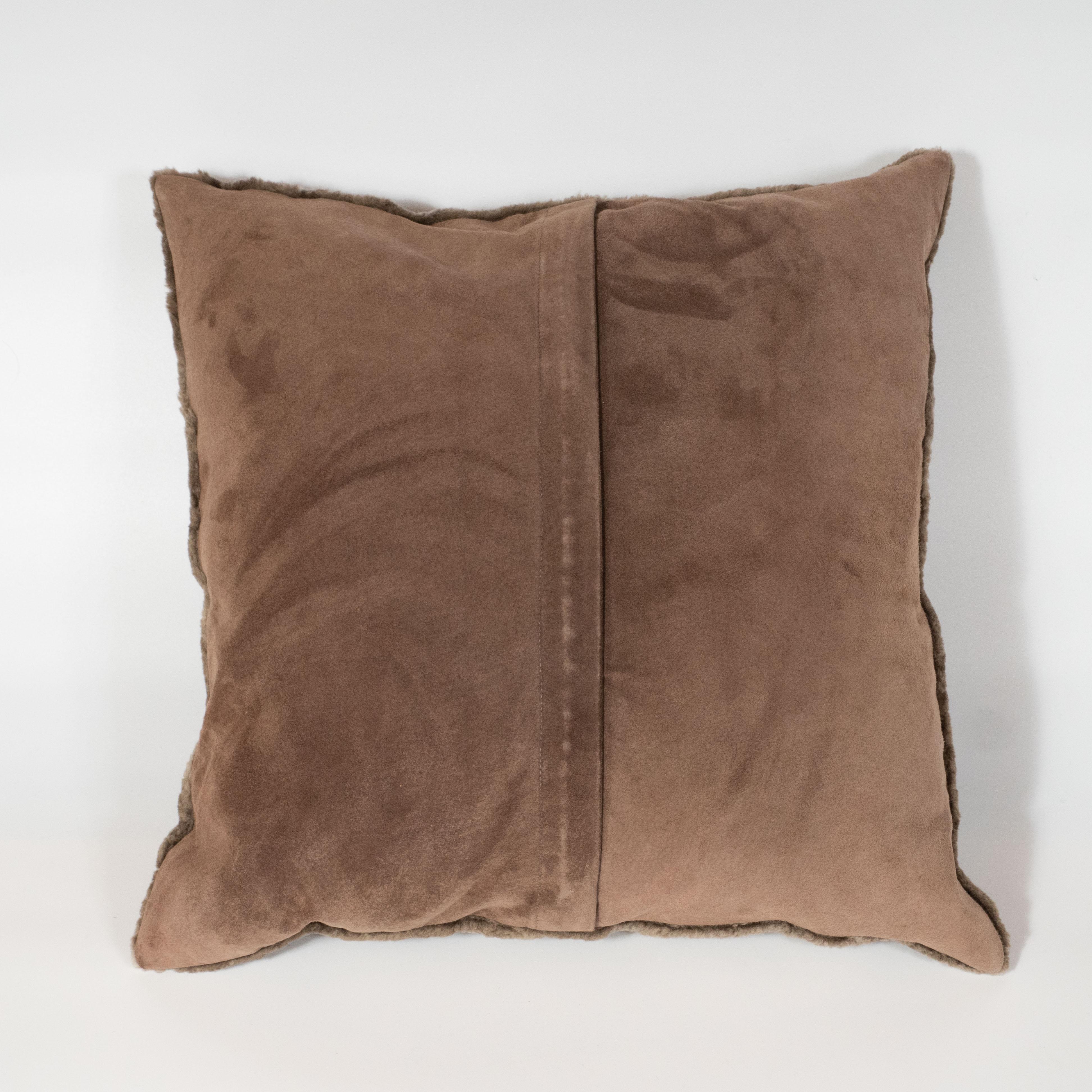 Modernist Slate Umber Square Pillow in Luxe Shearling and Suede 1