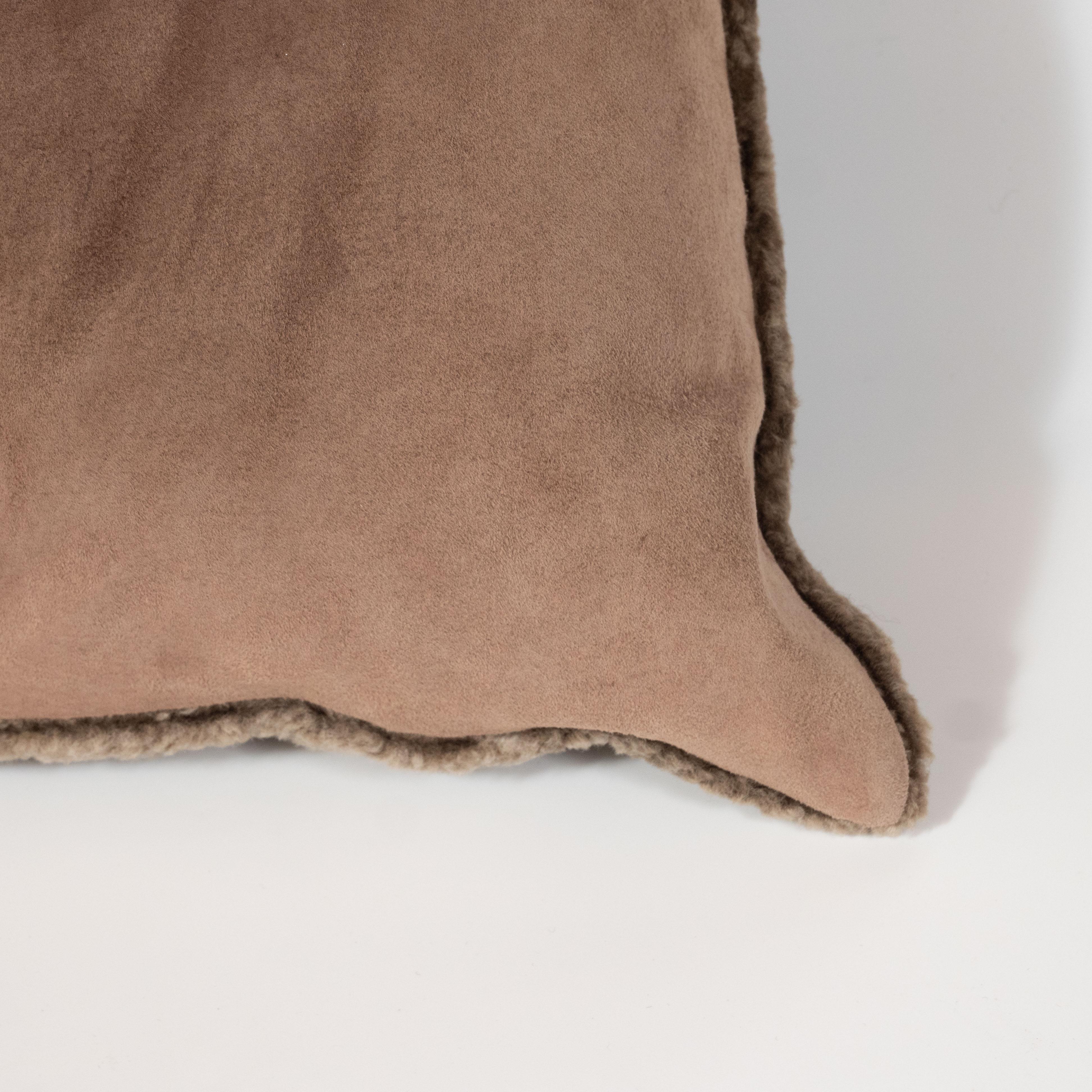 Modernist Slate Umber Square Pillow in Luxe Shearling and Suede 2