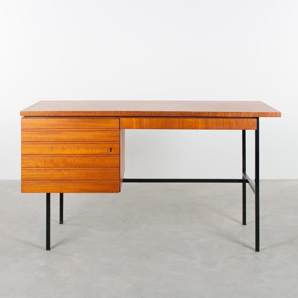 Dutch Modernist Small Desk in Teak Veneer with Black Frame, Netherlands, 1960