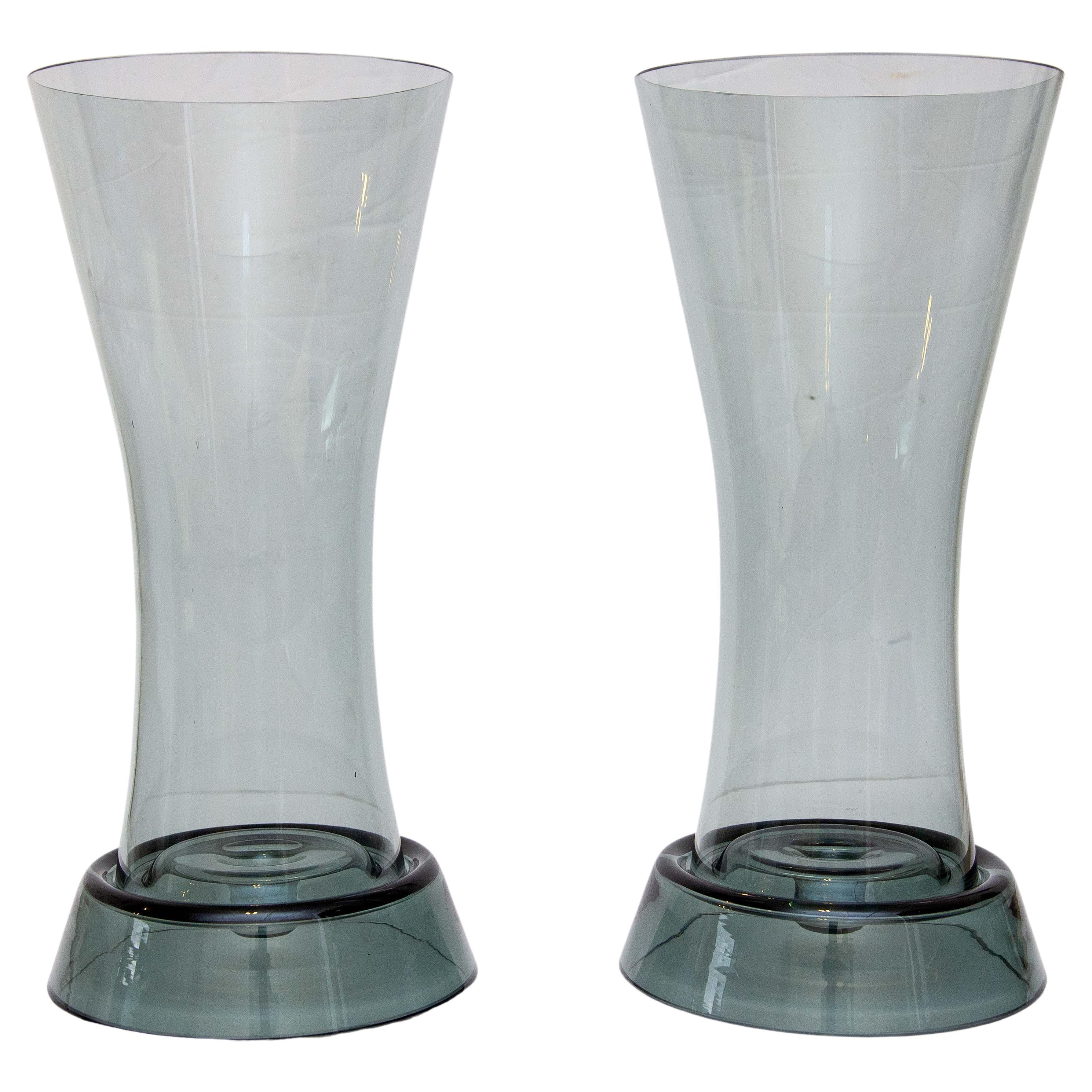 Modernist Smoked Glass Hurricane Candlestick Lamps