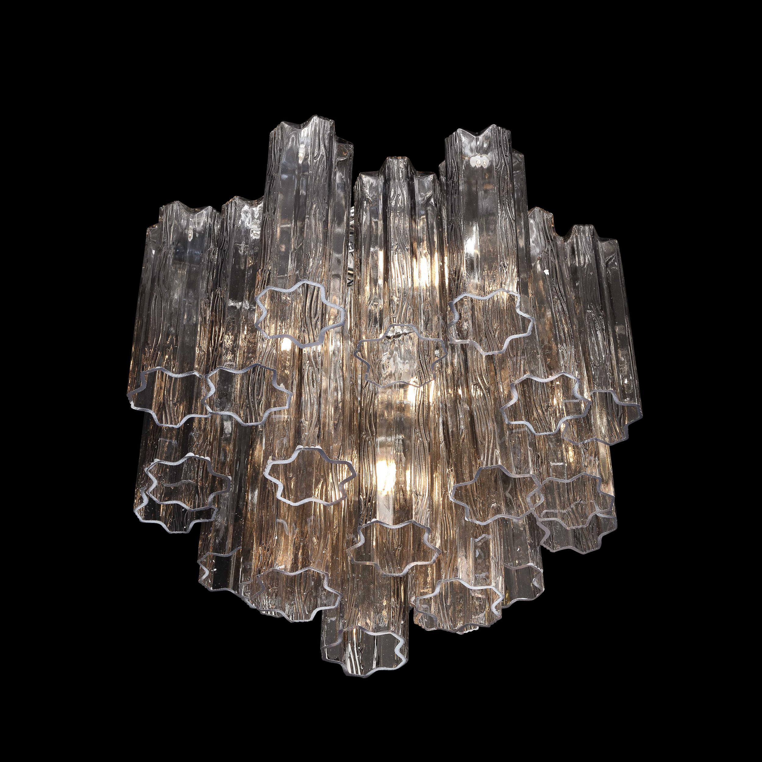 Italian Modernist Smoked Glass Multi-Tier Stepped Tronchi Chandelier w/ Chrome Fittings For Sale