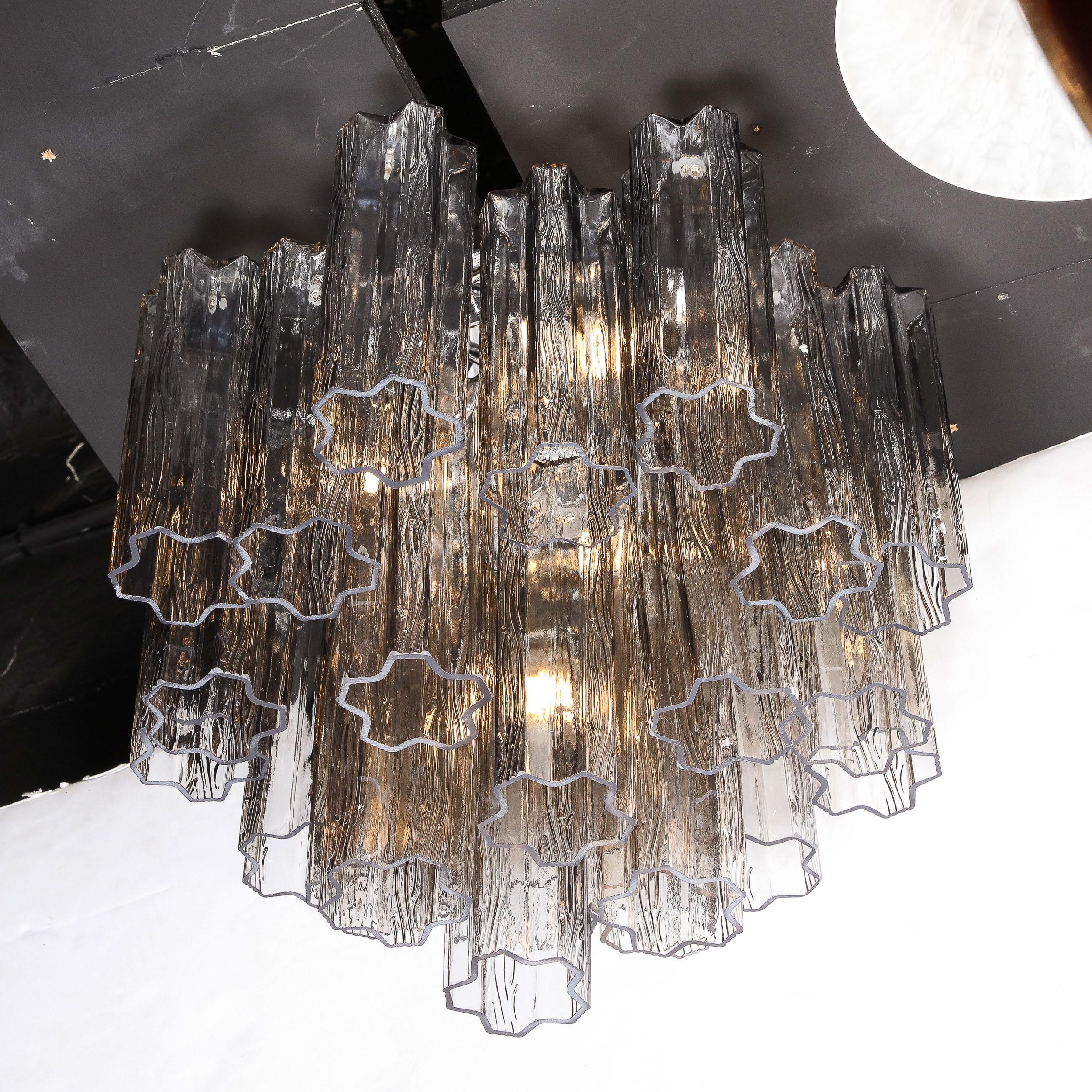 Modernist Smoked Glass Multi-Tier Stepped Tronchi Chandelier w/ Chrome Fittings For Sale 3