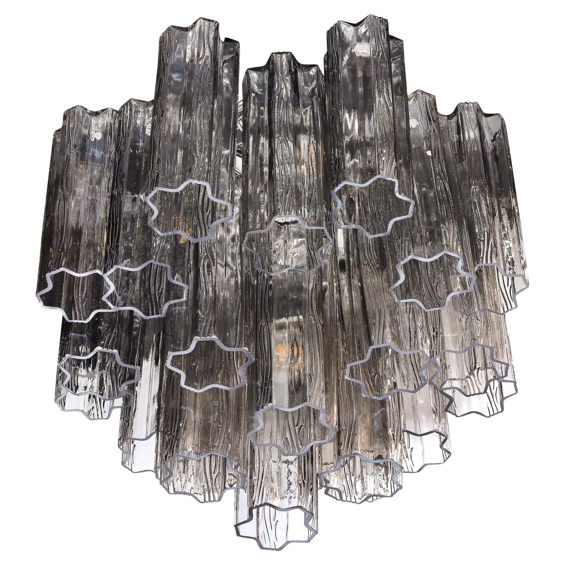 Modernist Smoked Glass Multi-Tier Stepped Tronchi Chandelier w/ Chrome Fittings For Sale