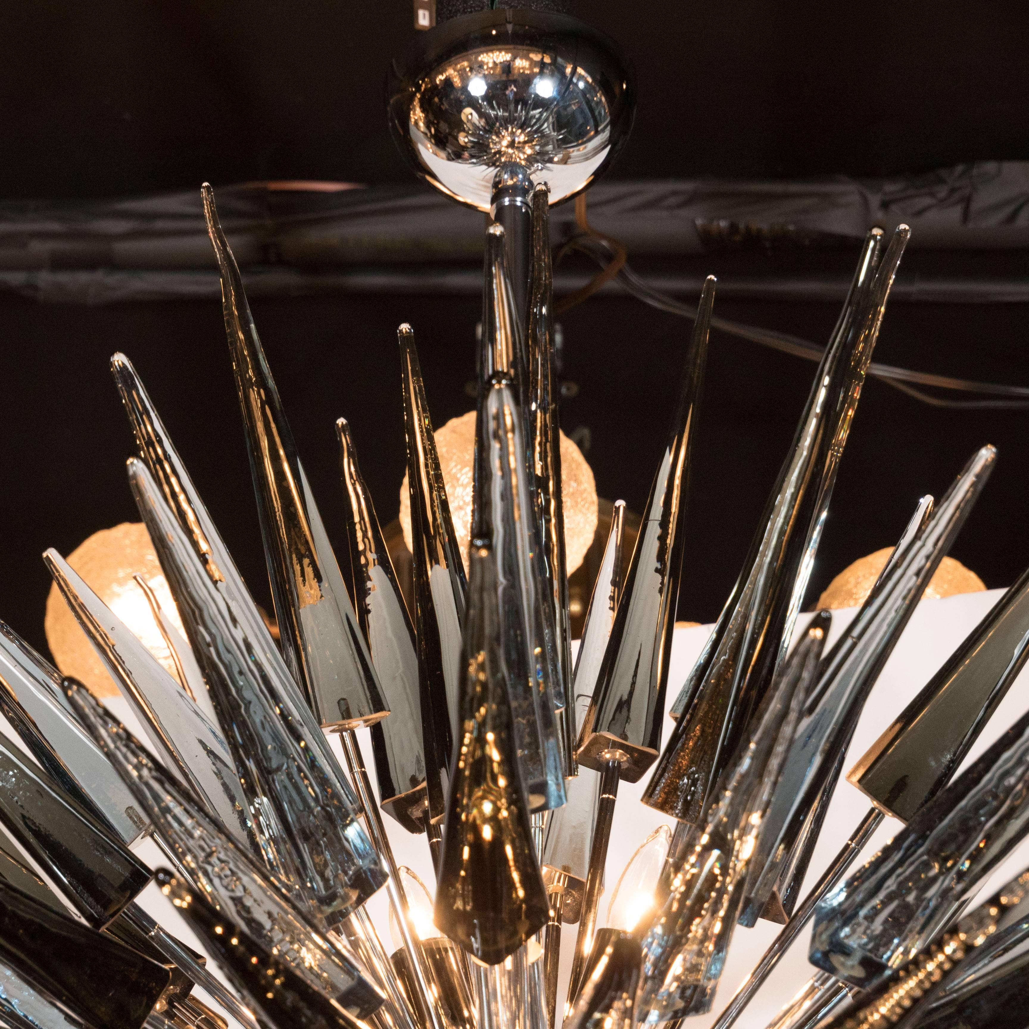 Polished Modernist Smoked Grey Hand Blown Murano Glass Spiked Starburst Chandelier For Sale
