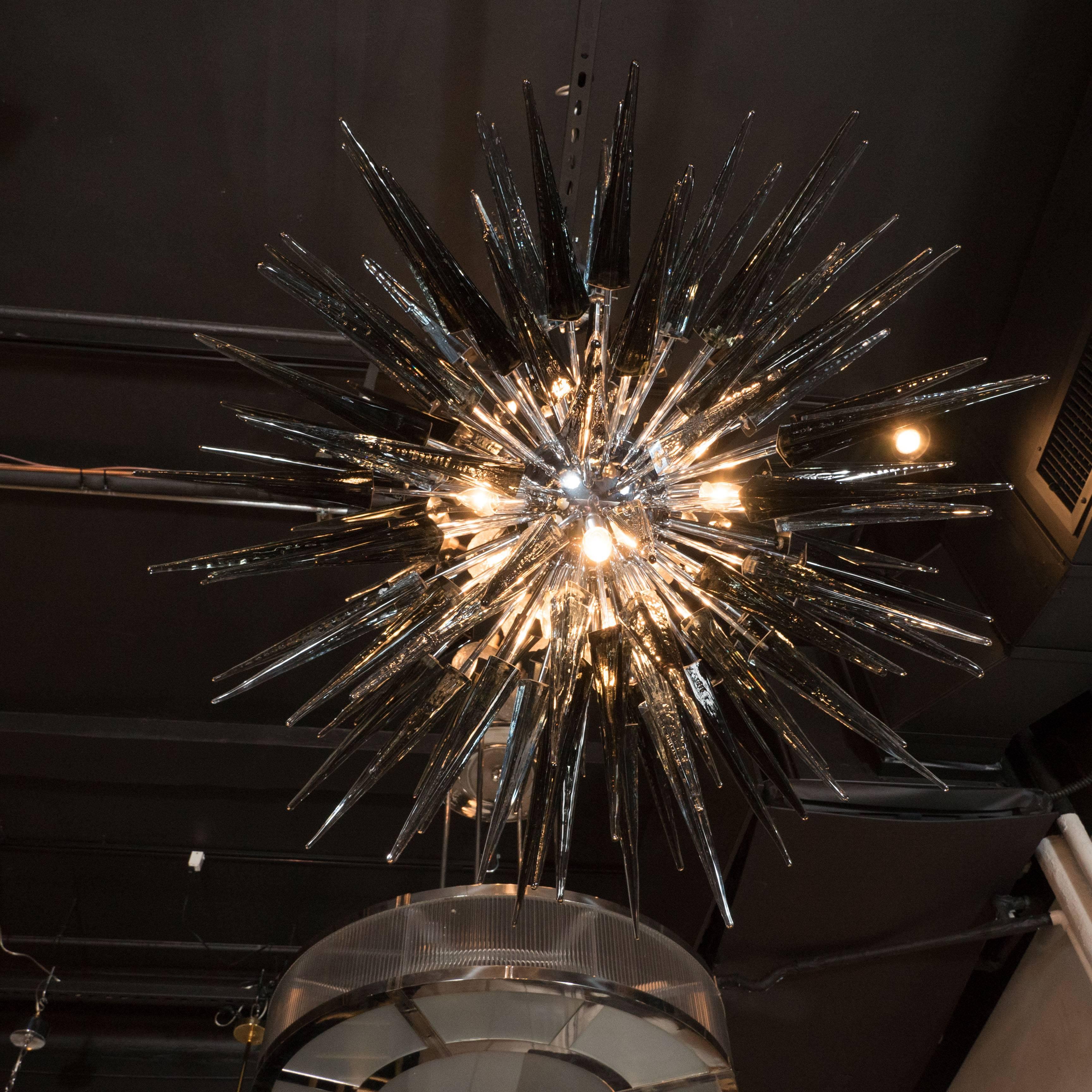Modernist Smoked Grey Hand Blown Murano Glass Spiked Starburst Chandelier In Excellent Condition For Sale In New York, NY