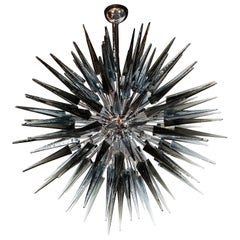 Modernist Smoked Grey Hand Blown Murano Glass Spiked Starburst Chandelier