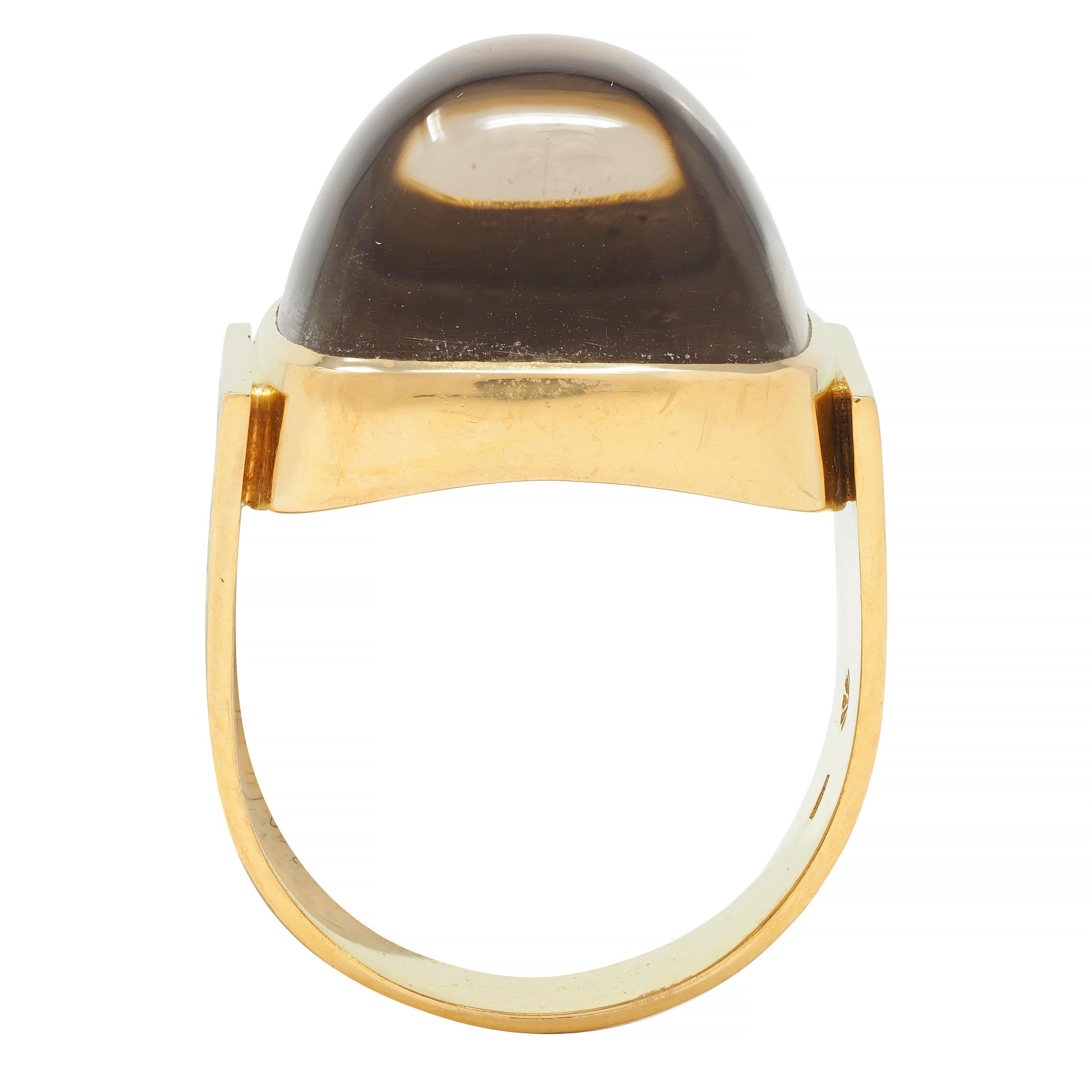 Modernist Smoky Quartz Sugarloaf Cabochon 18 Karat Yellow Gold Vintage Ring For Sale 6