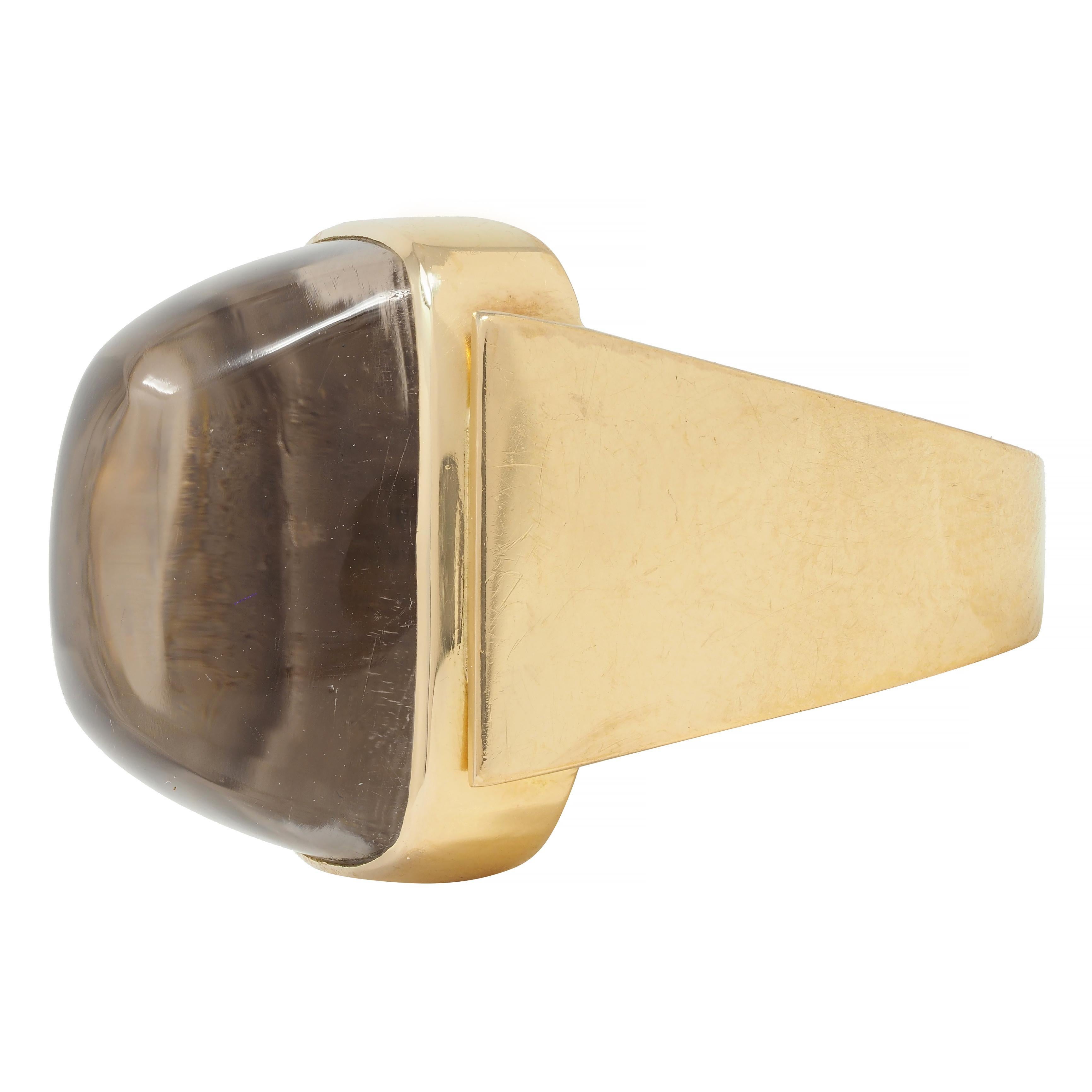 Modernist Smoky Quartz Sugarloaf Cabochon 18 Karat Yellow Gold Vintage Ring For Sale 2