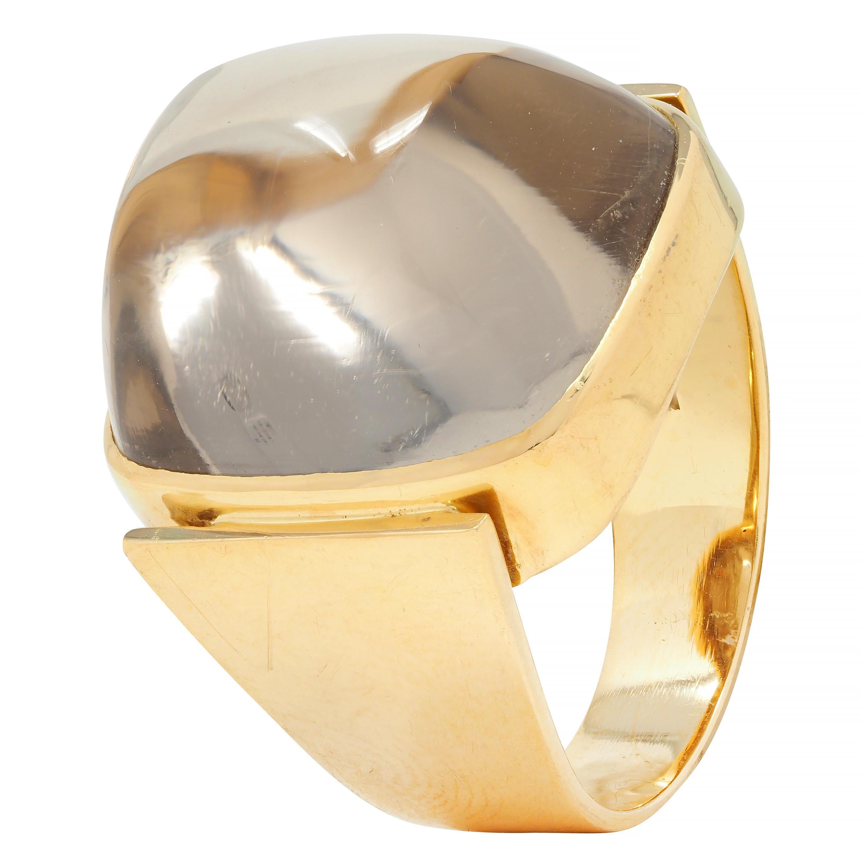 Modernist Smoky Quartz Sugarloaf Cabochon 18 Karat Yellow Gold Vintage Ring For Sale 5