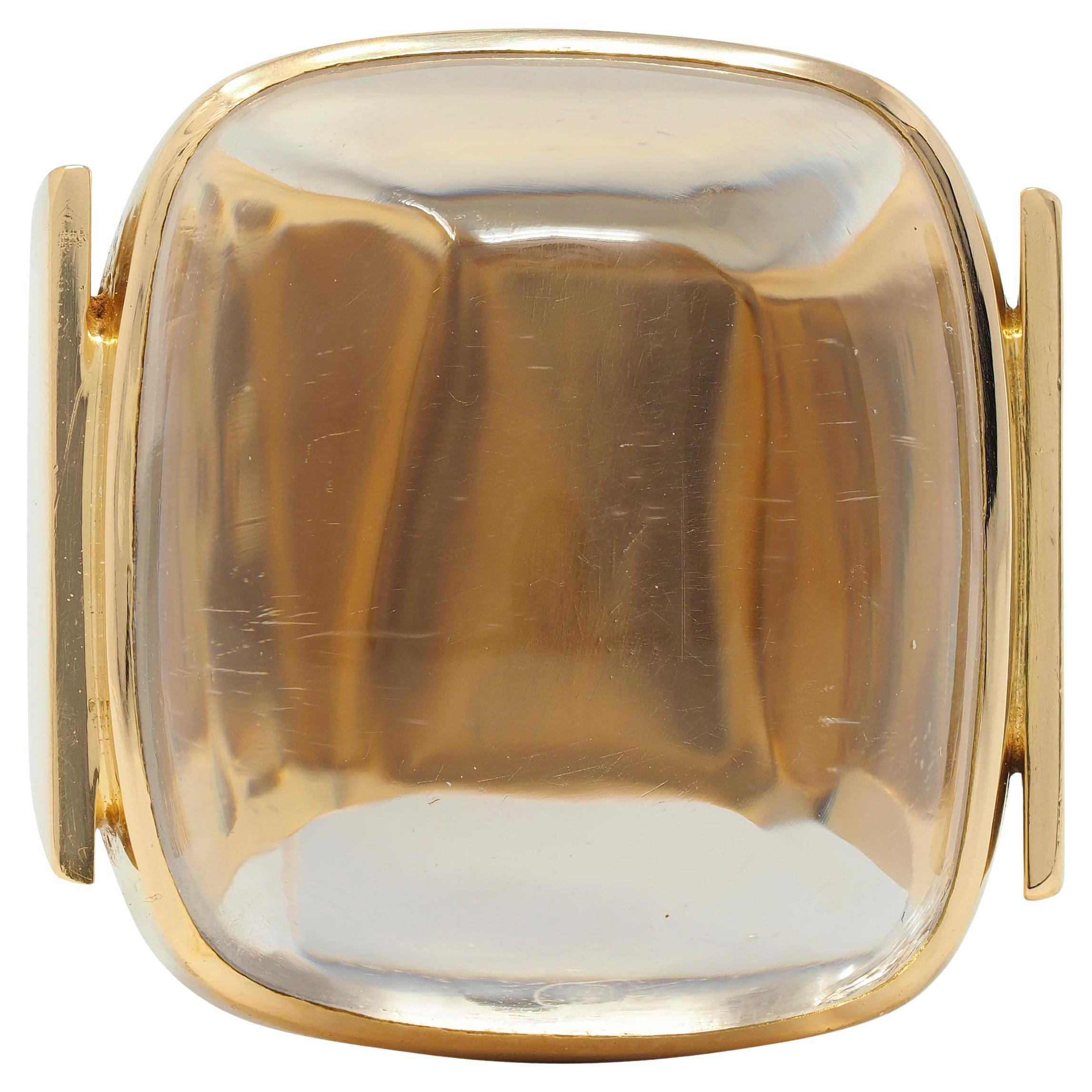 Modernist Smoky Quartz Sugarloaf Cabochon 18 Karat Yellow Gold Vintage Ring For Sale