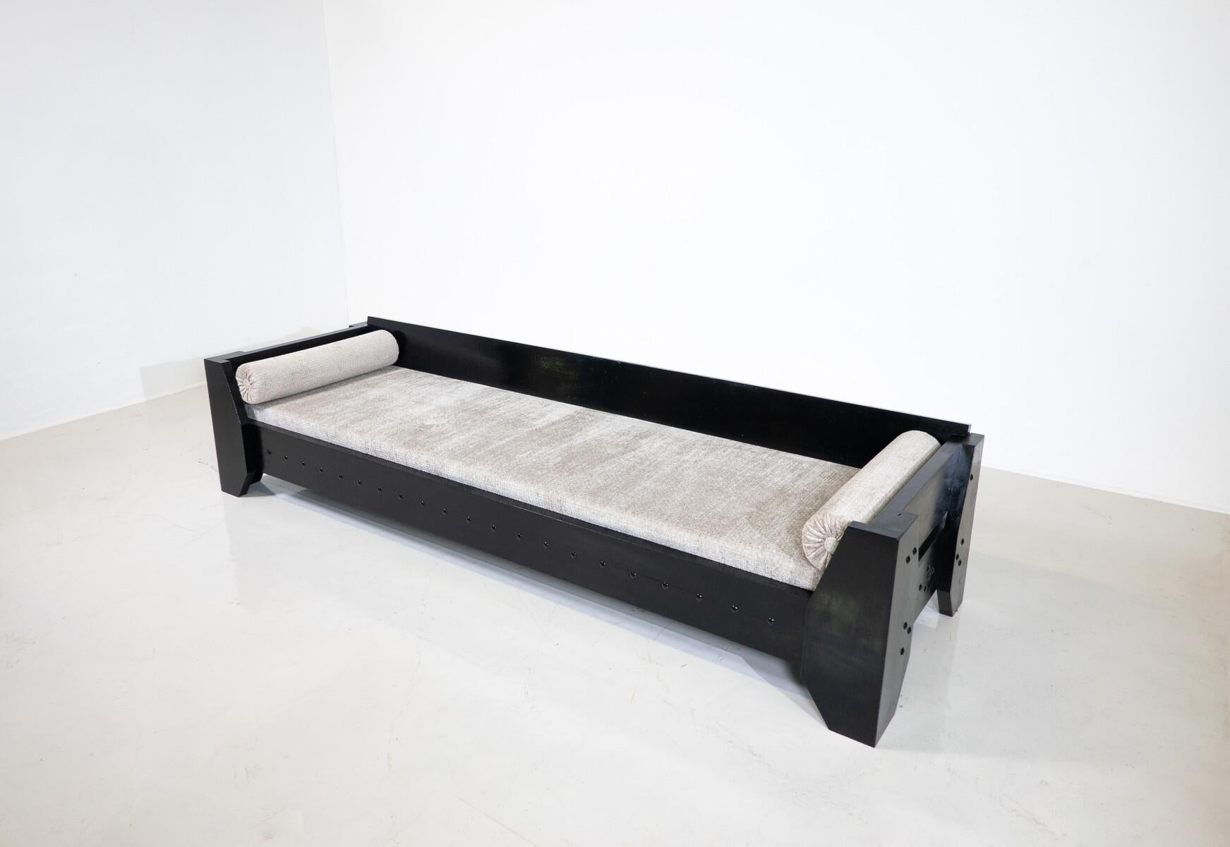Mid-Century Modern Modernist Sofa / Daybed, Black Wood and Fabric, 1960s For Sale