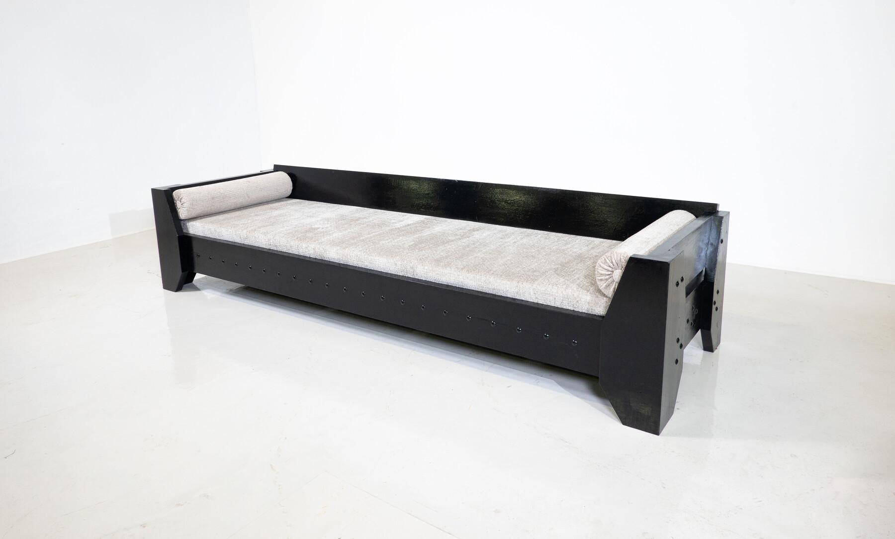 Modernist Sofa / Daybed, Black Wood and Fabric, 1960s In Good Condition For Sale In Brussels, BE