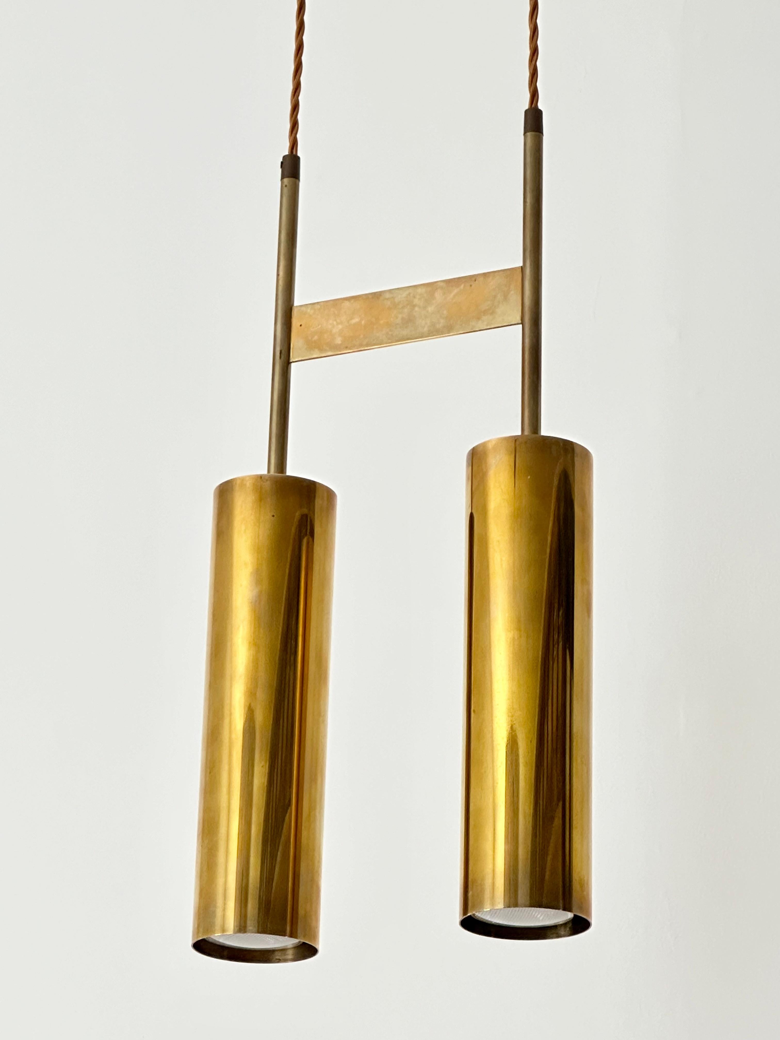 Danish Modernist Solid Brass Double Cylinder Pendant Light Fixture, 1960s  For Sale
