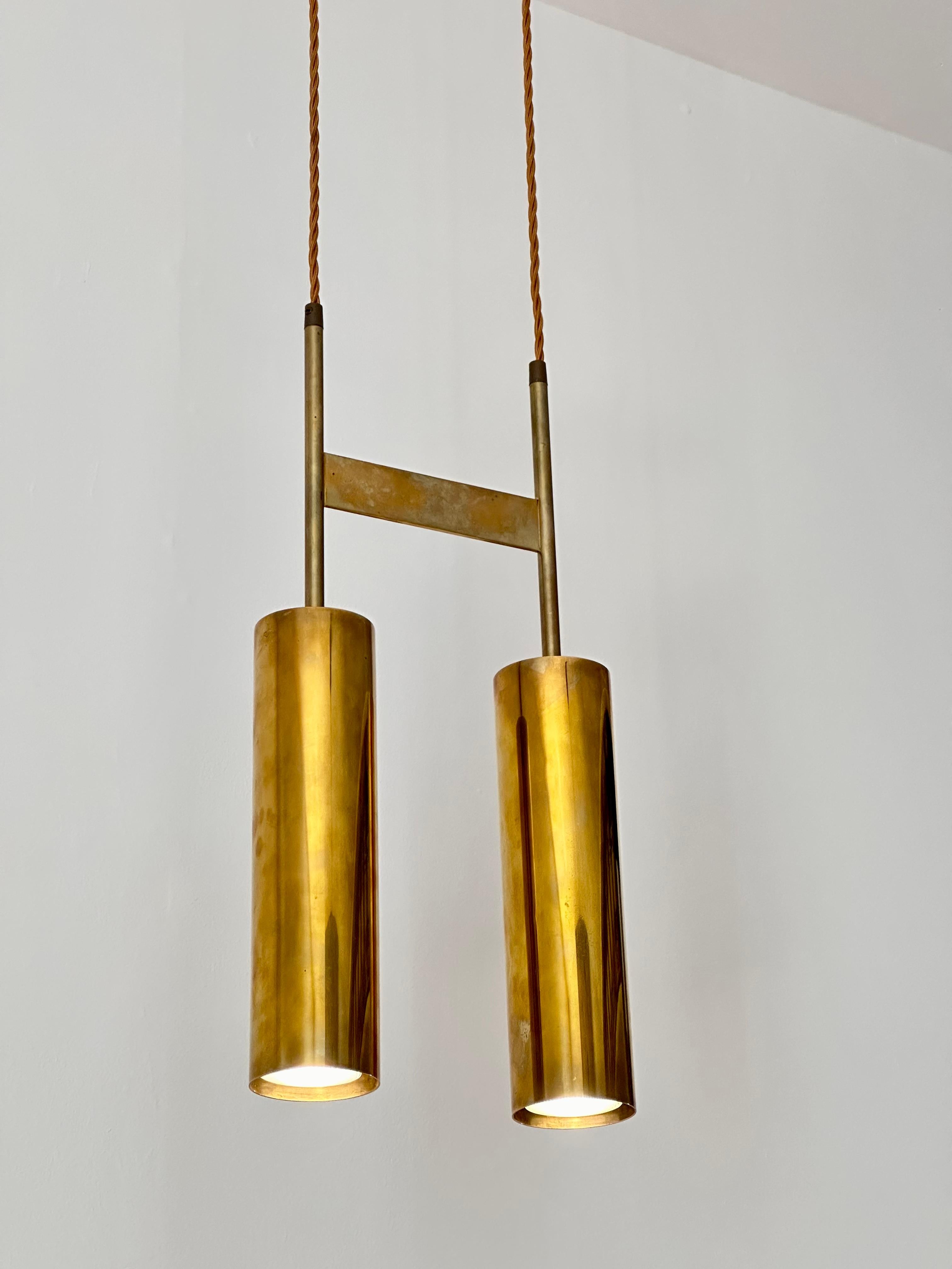 Mid-Century Modern Modernist Solid Brass Double Cylinder Pendant Light Fixture, 1960s  For Sale