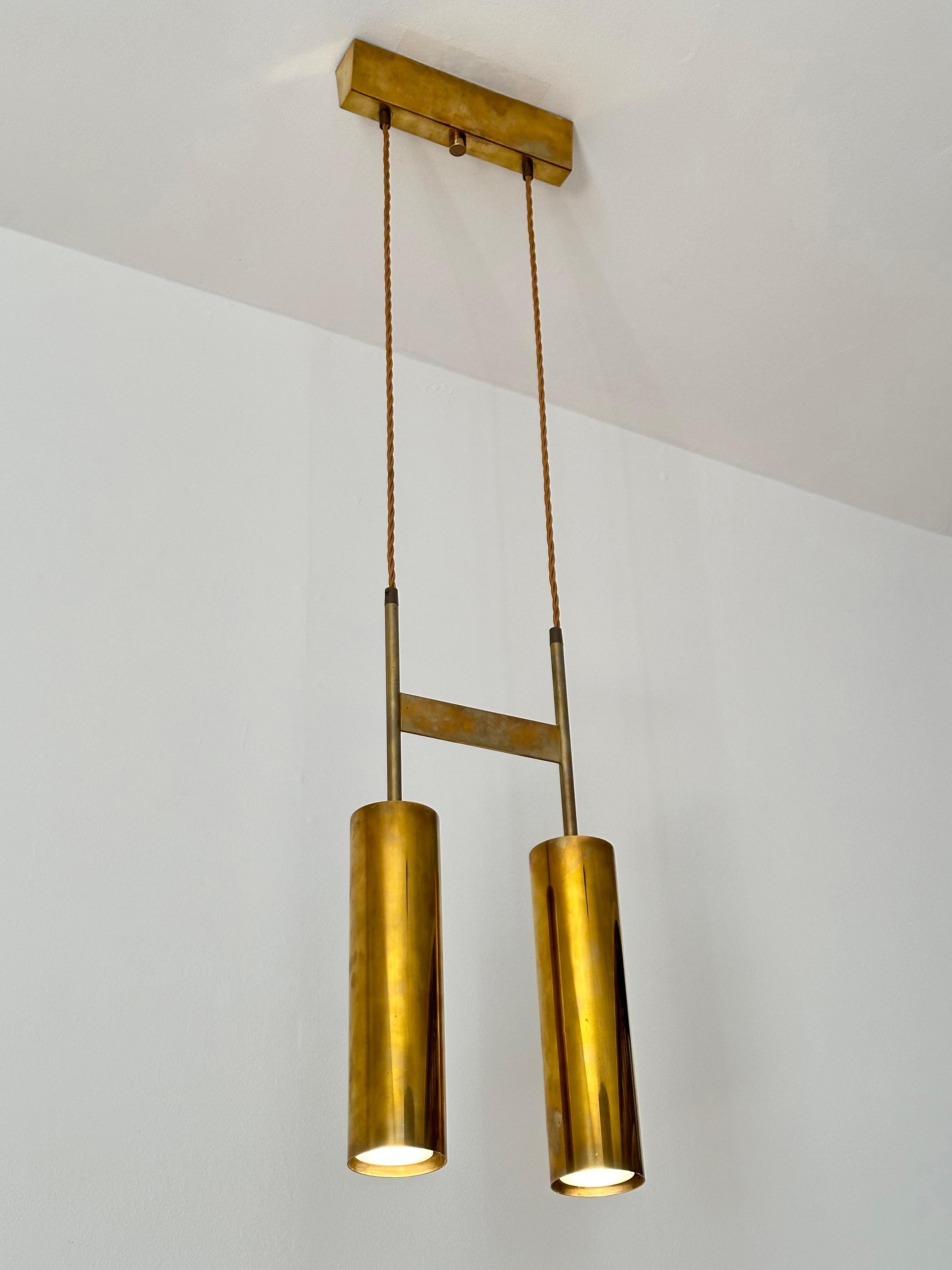 Modernist Solid Brass Double Cylinder Pendant Light Fixture, 1960s  In Good Condition For Sale In Brooklyn, NY