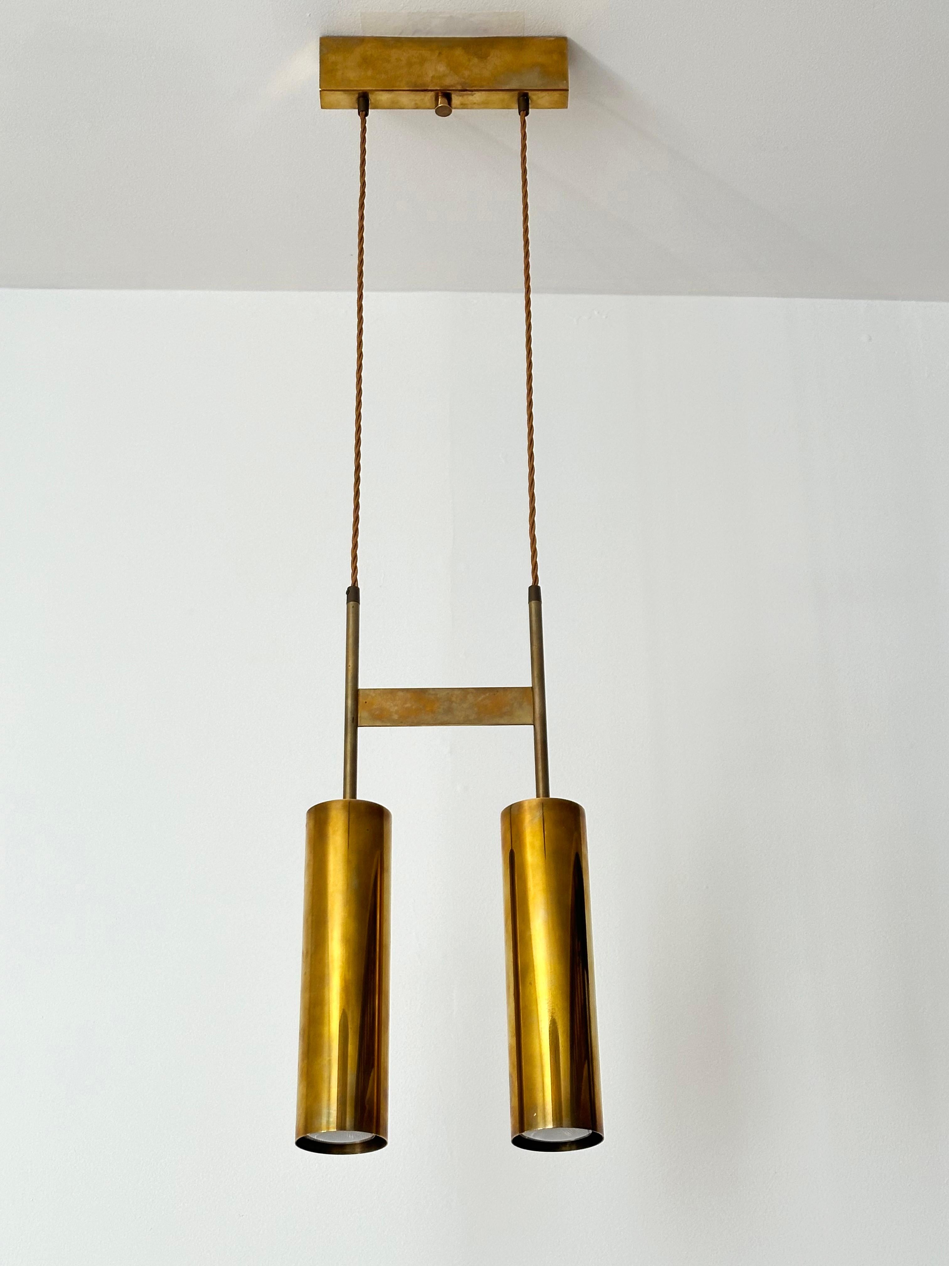 Mid-20th Century Modernist Solid Brass Double Cylinder Pendant Light Fixture, 1960s  For Sale