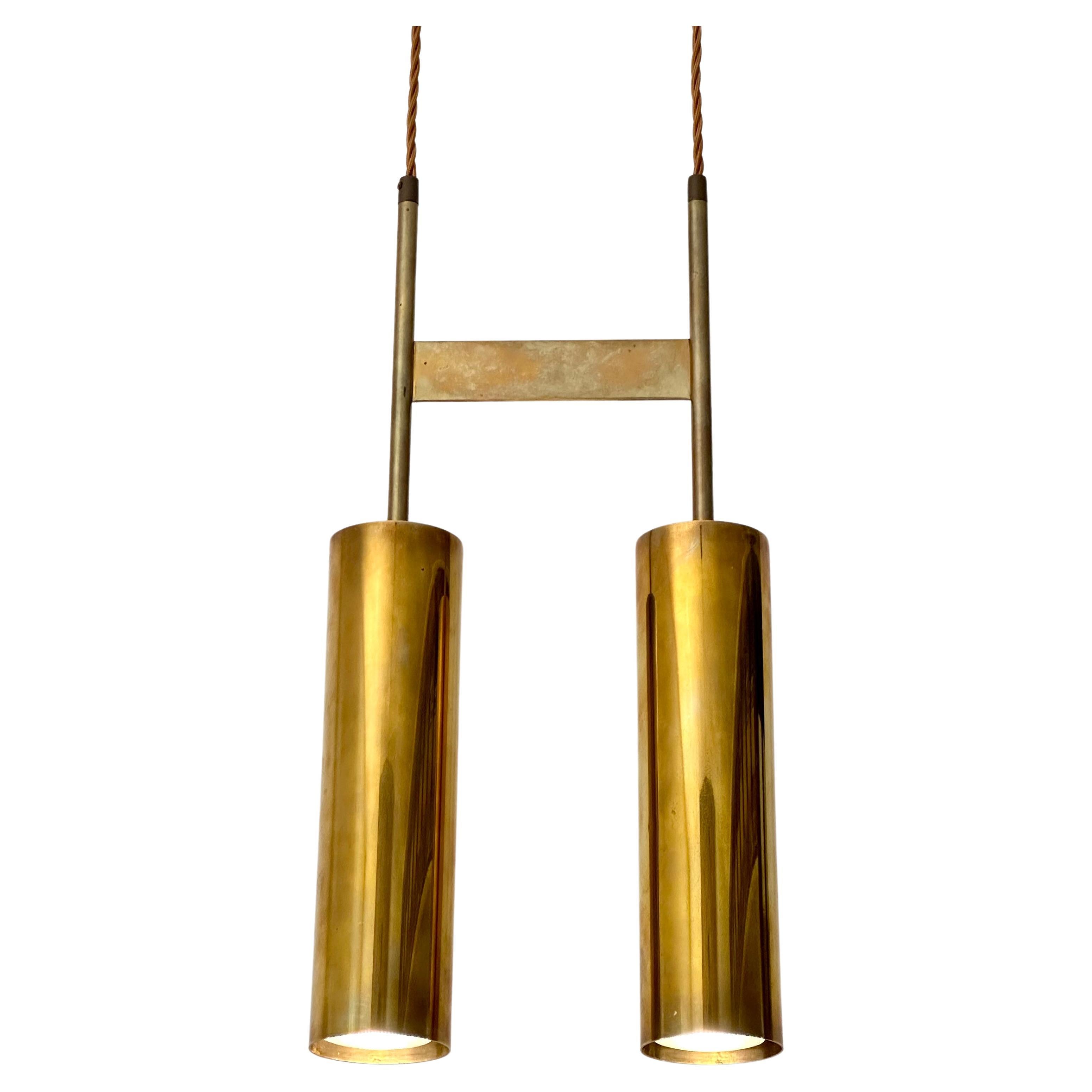 Modernist Solid Brass Double Cylinder Pendant Light Fixture, 1960s 