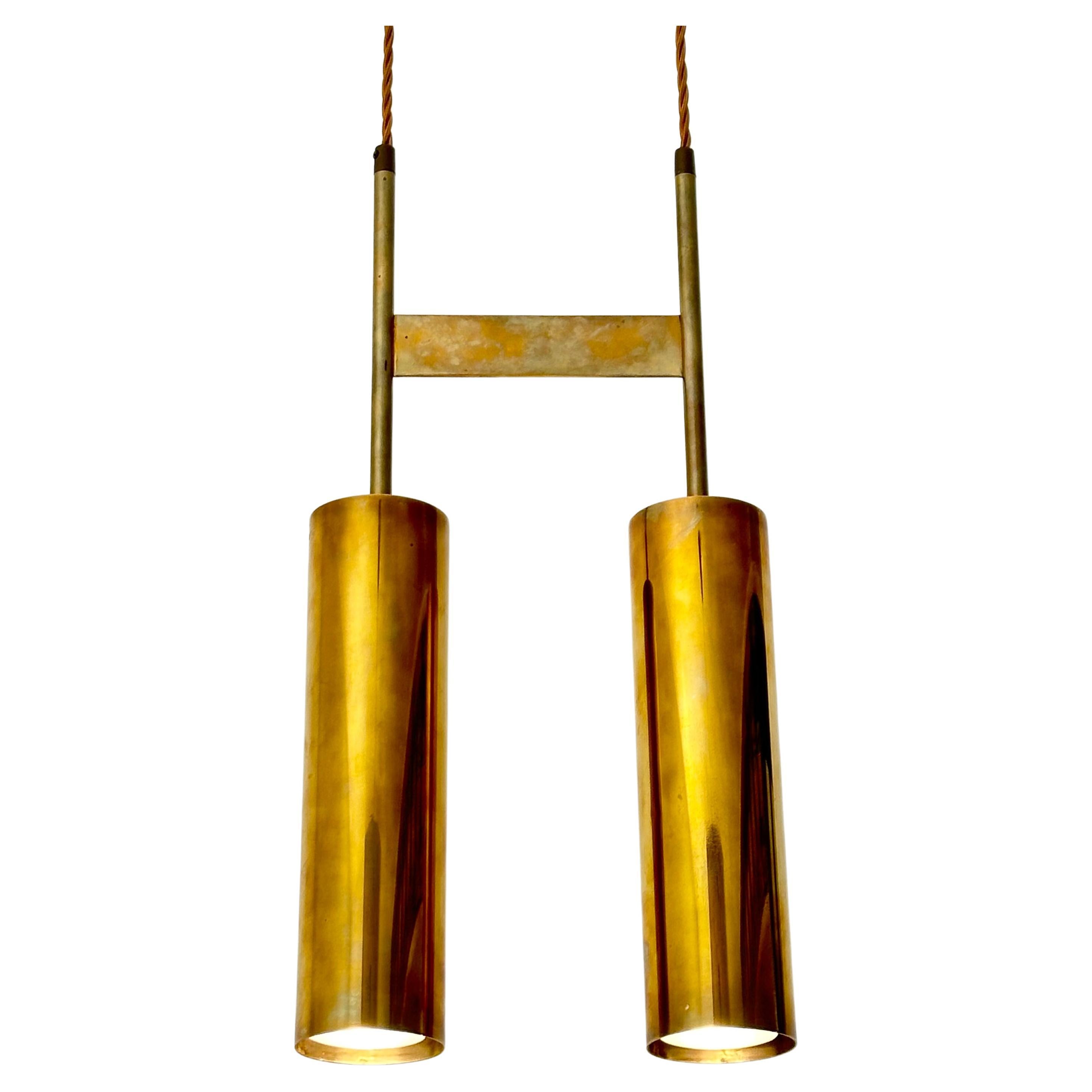 Modernist Solid Brass Double Cylinder Pendant Light Fixture, 1960s  For Sale