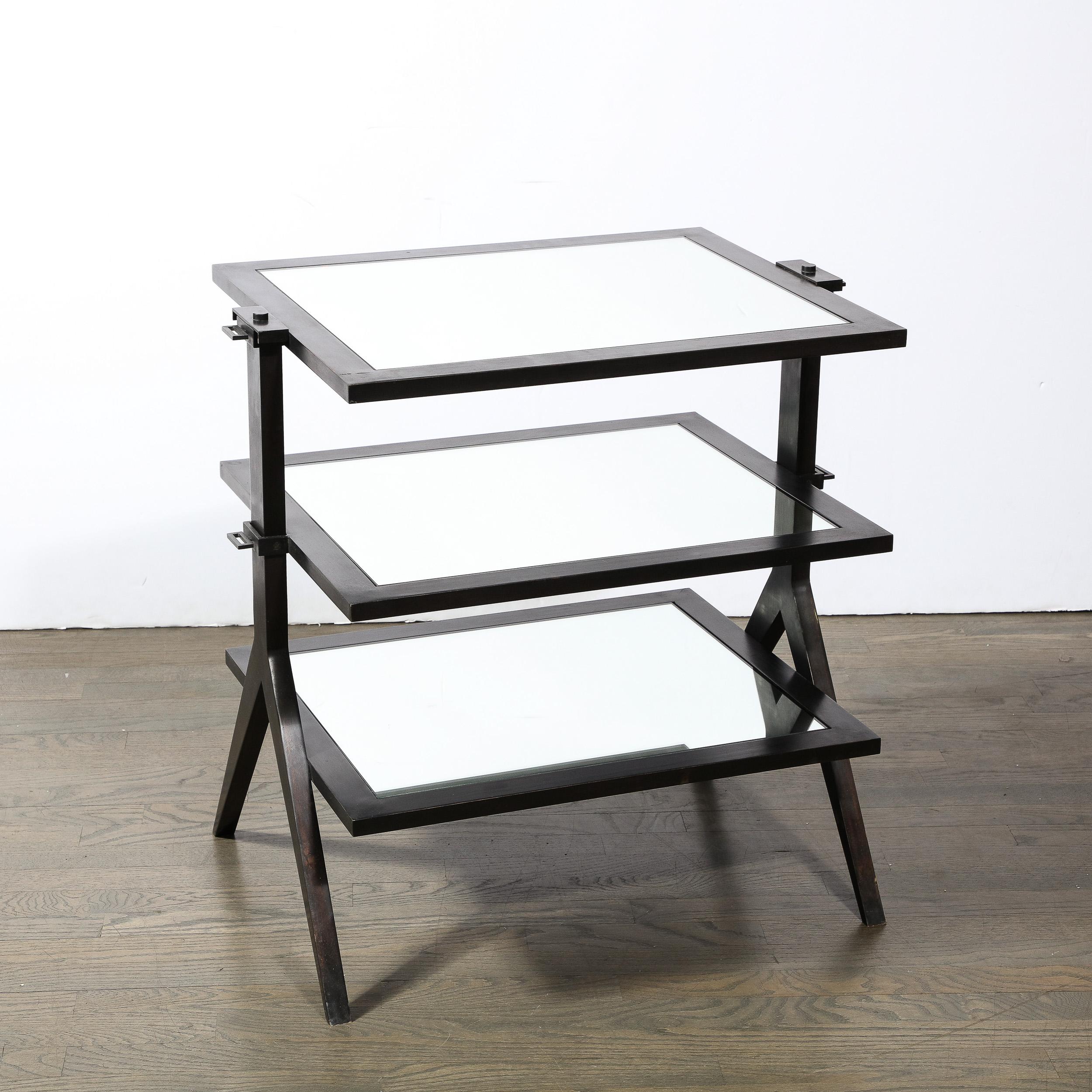Modernist Solid Bronze Three Tier Occasional Table with Mirrored Glass Shelves For Sale 12