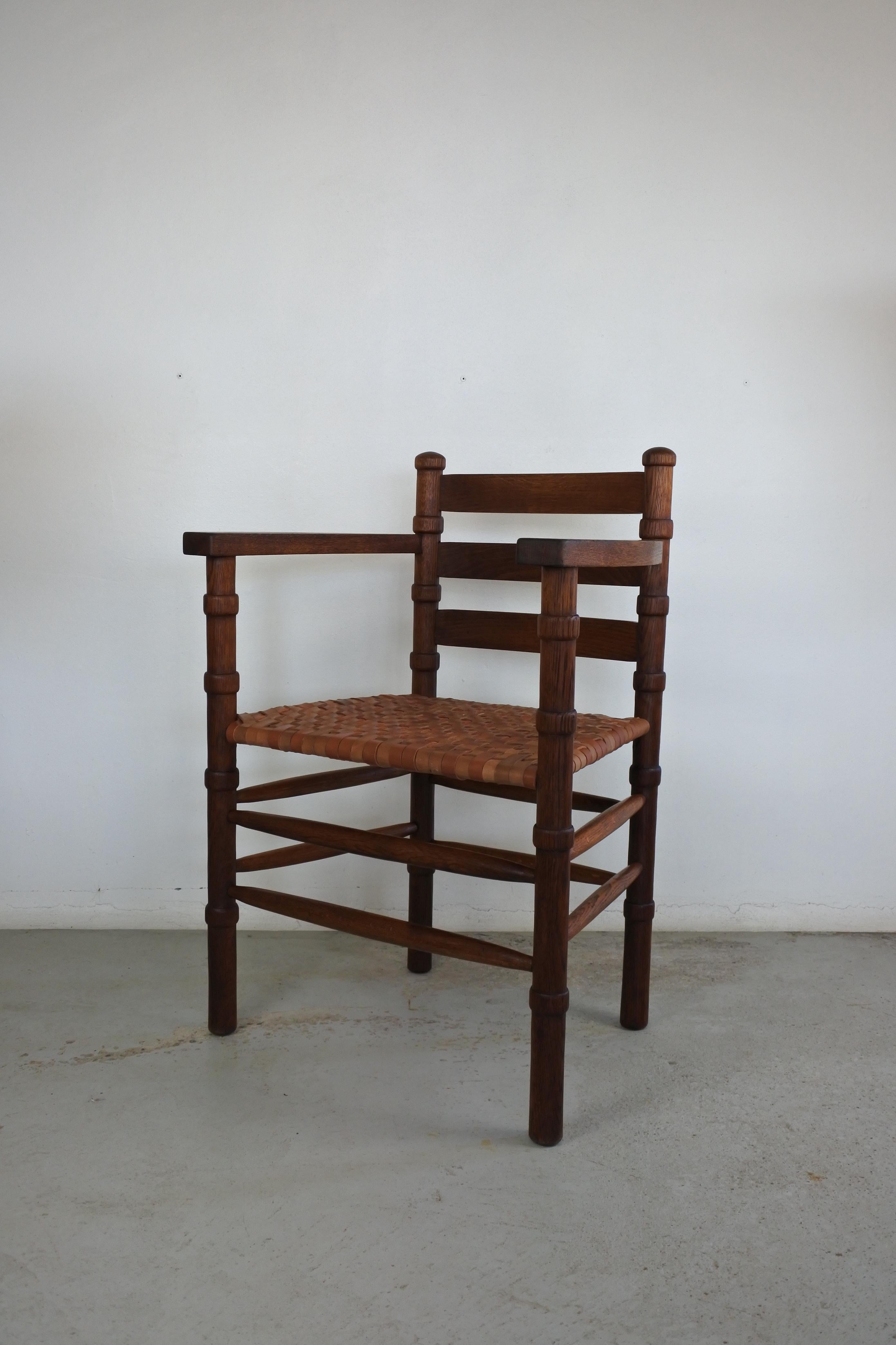 Modernist Solid Oak and Leather Armchair, France, 1940s 7