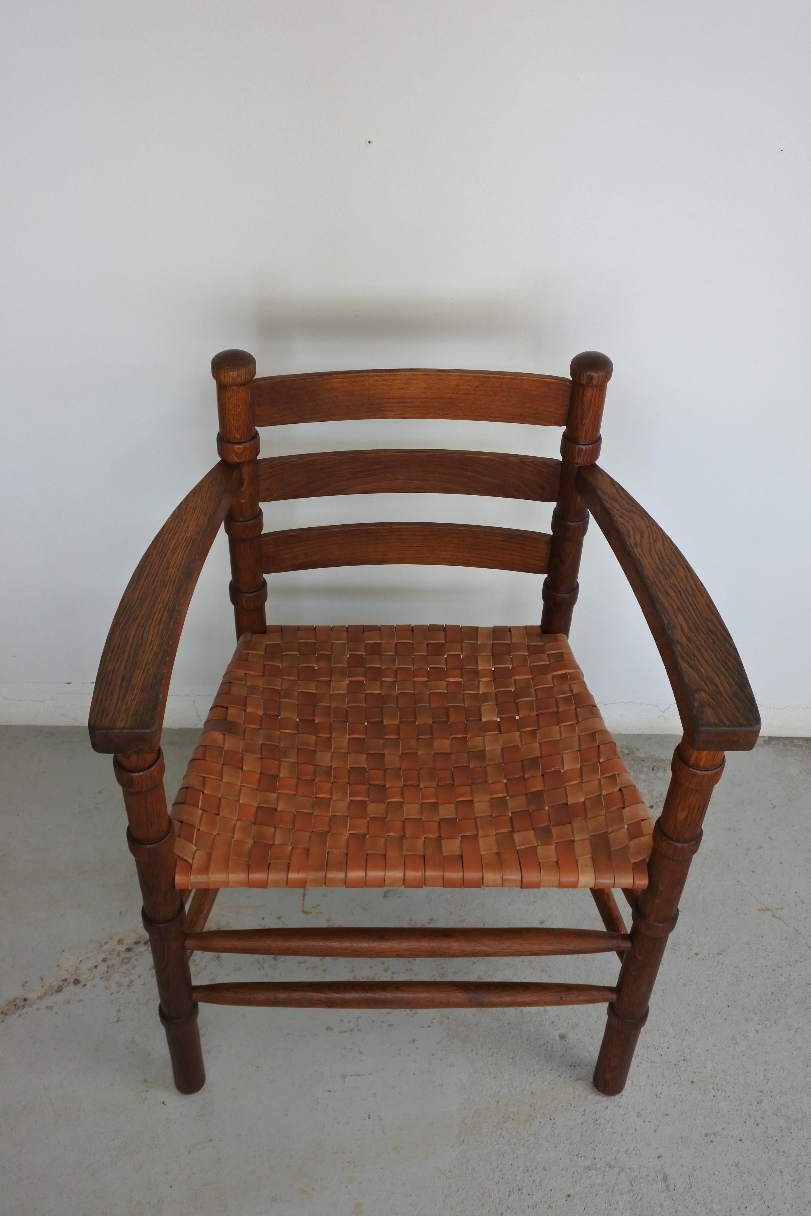 Modernist Solid Oak and Leather Armchair, France, 1940s 8