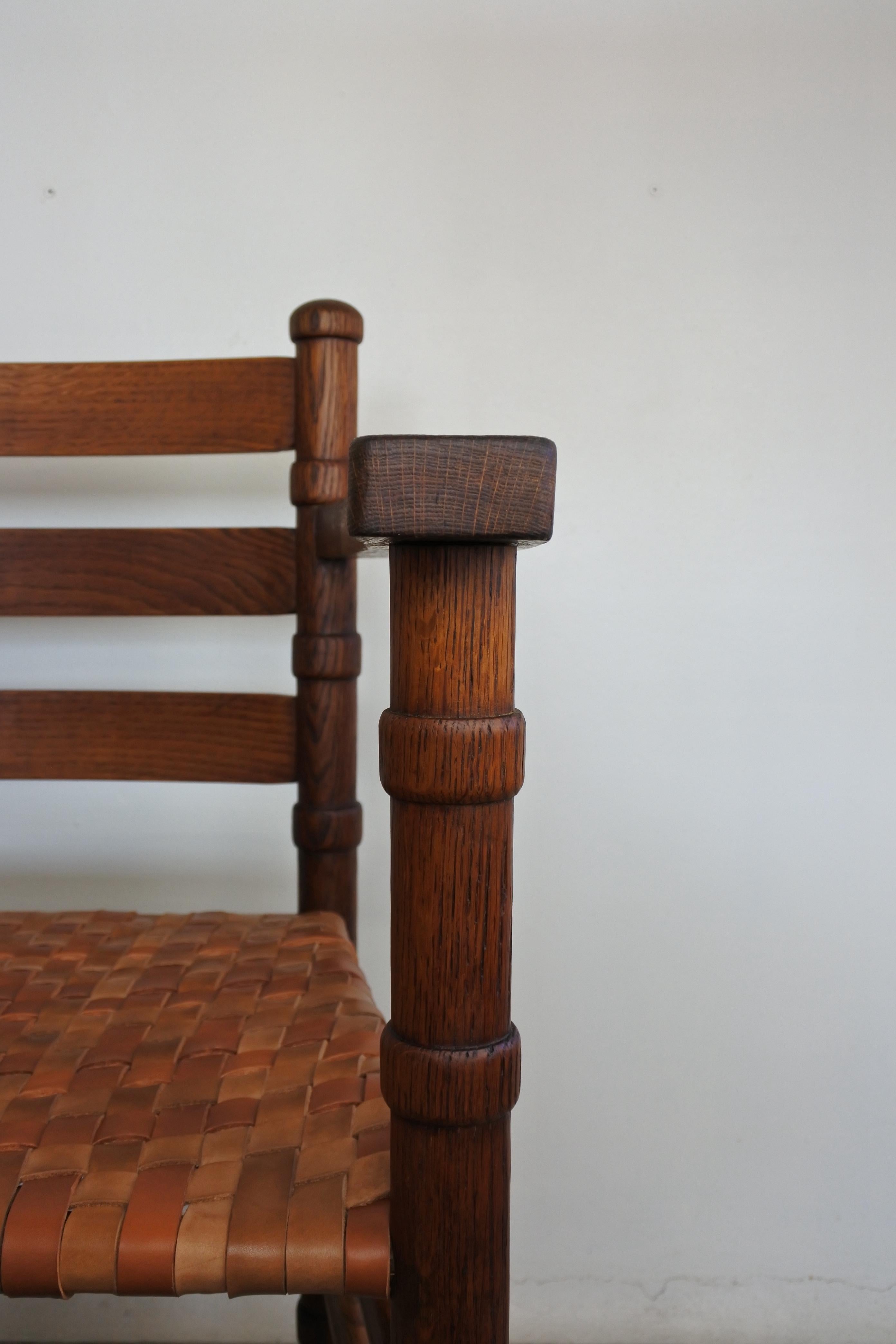 Modernist Solid Oak and Leather Armchair, France, 1940s 10