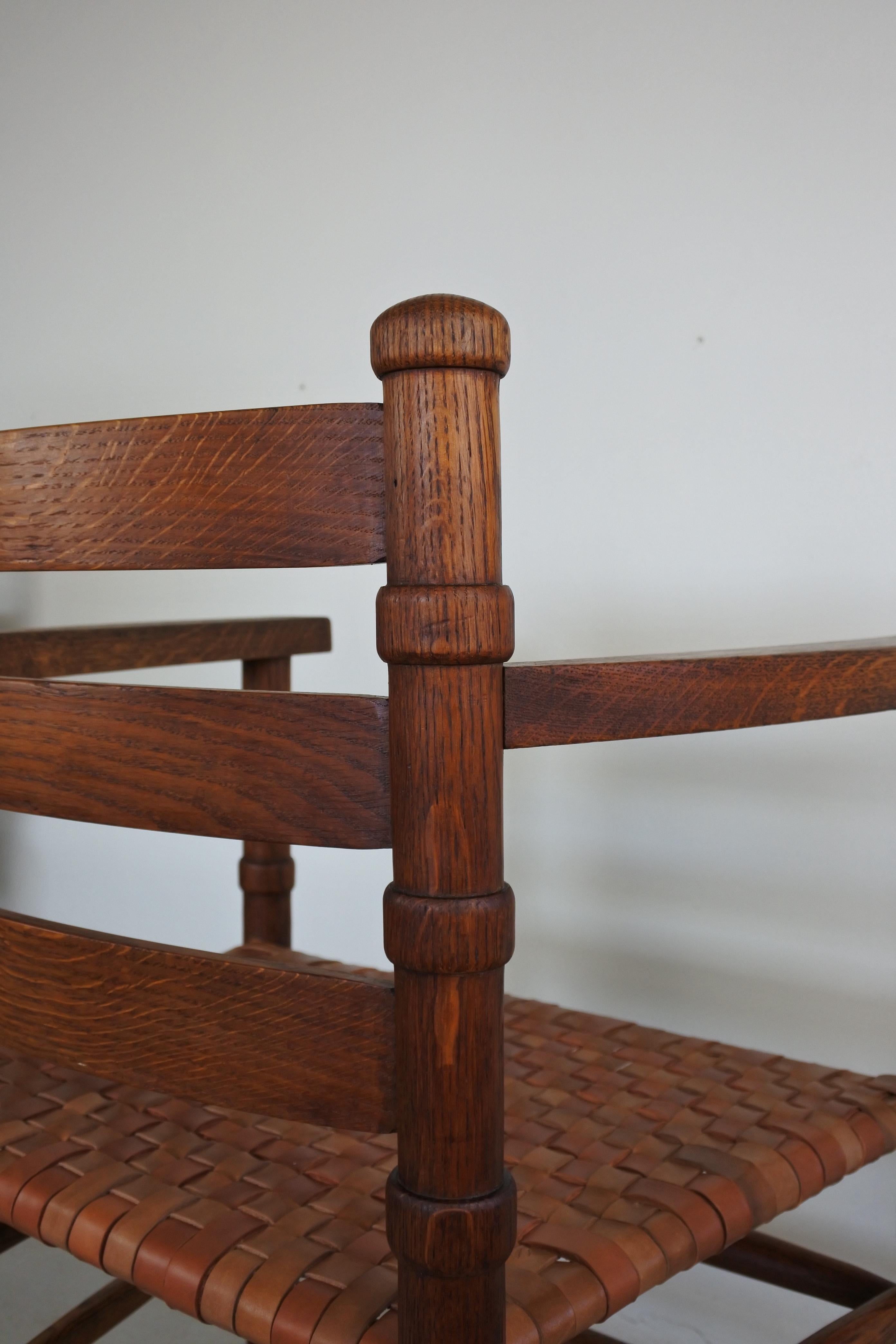 Modernist Solid Oak and Leather Armchair, France, 1940s 12